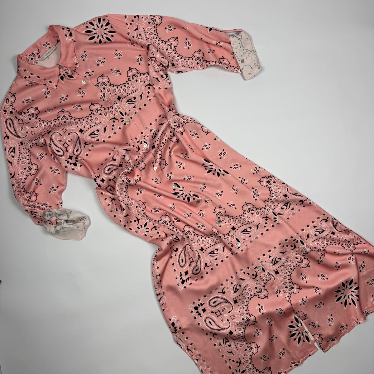 ‘ROSÉ’ PINK BANDANA SILK MAXI SHIRT DRESS