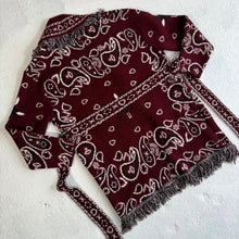 Load image into Gallery viewer, PREORDER ‘WINE’ BANDANA KNIT BELTED LONGLINE CARDIGAN