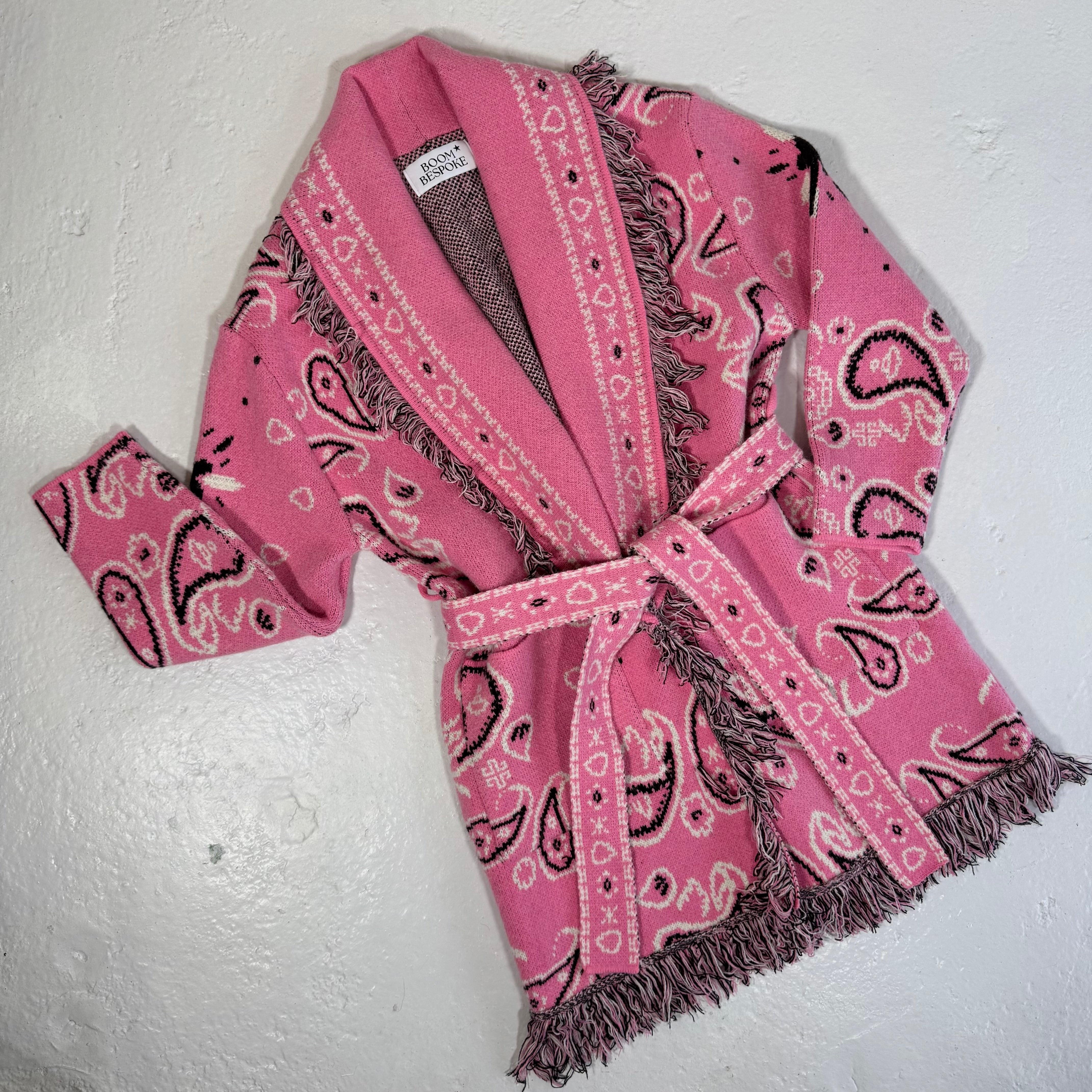‘BUBBLEGUM’ BANDANA KNIT BELTED LONGLINE CARDIGAN