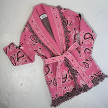 Load image into Gallery viewer, ‘BUBBLEGUM’ BANDANA KNIT BELTED LONGLINE CARDIGAN