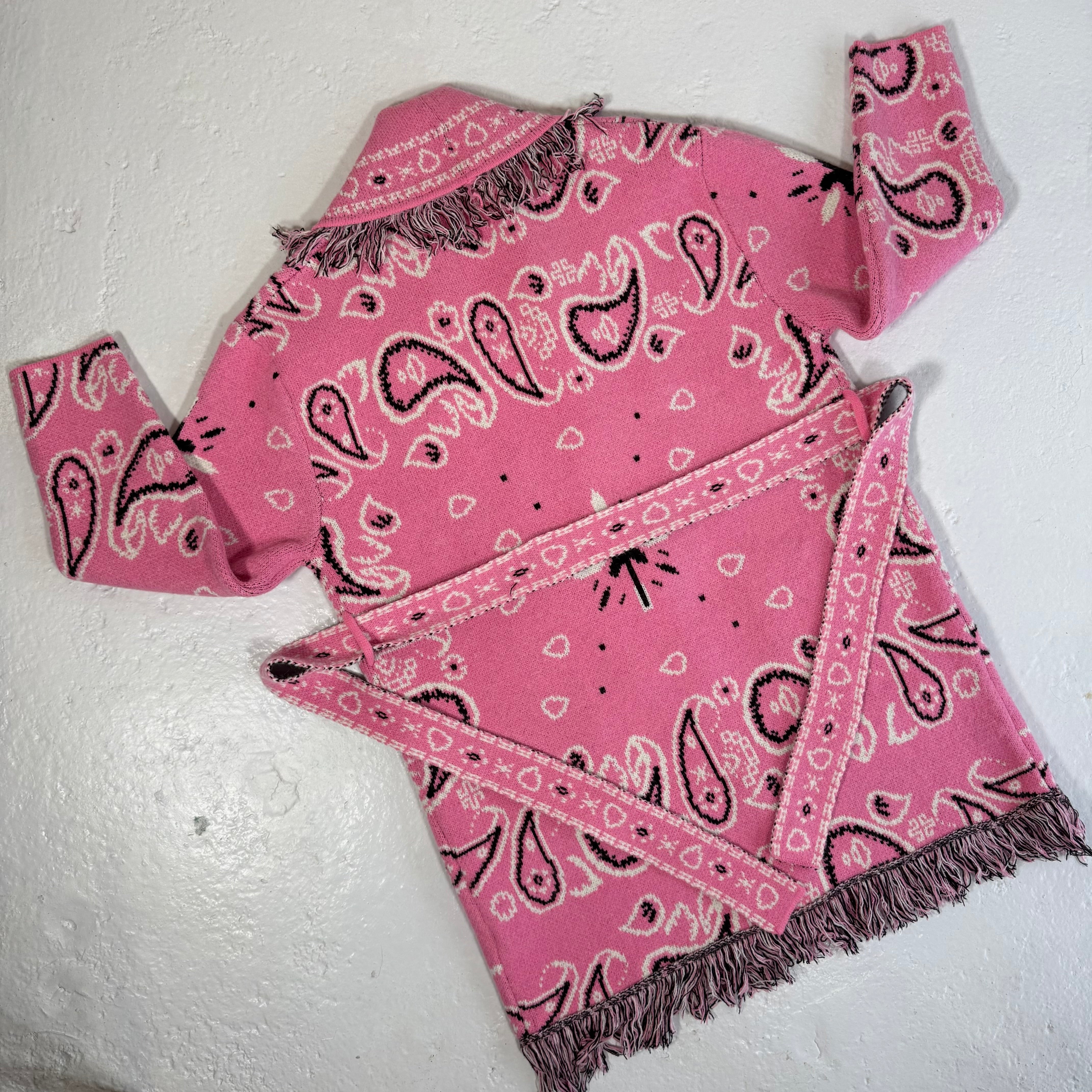 ‘BUBBLEGUM’ BANDANA KNIT BELTED LONGLINE CARDIGAN