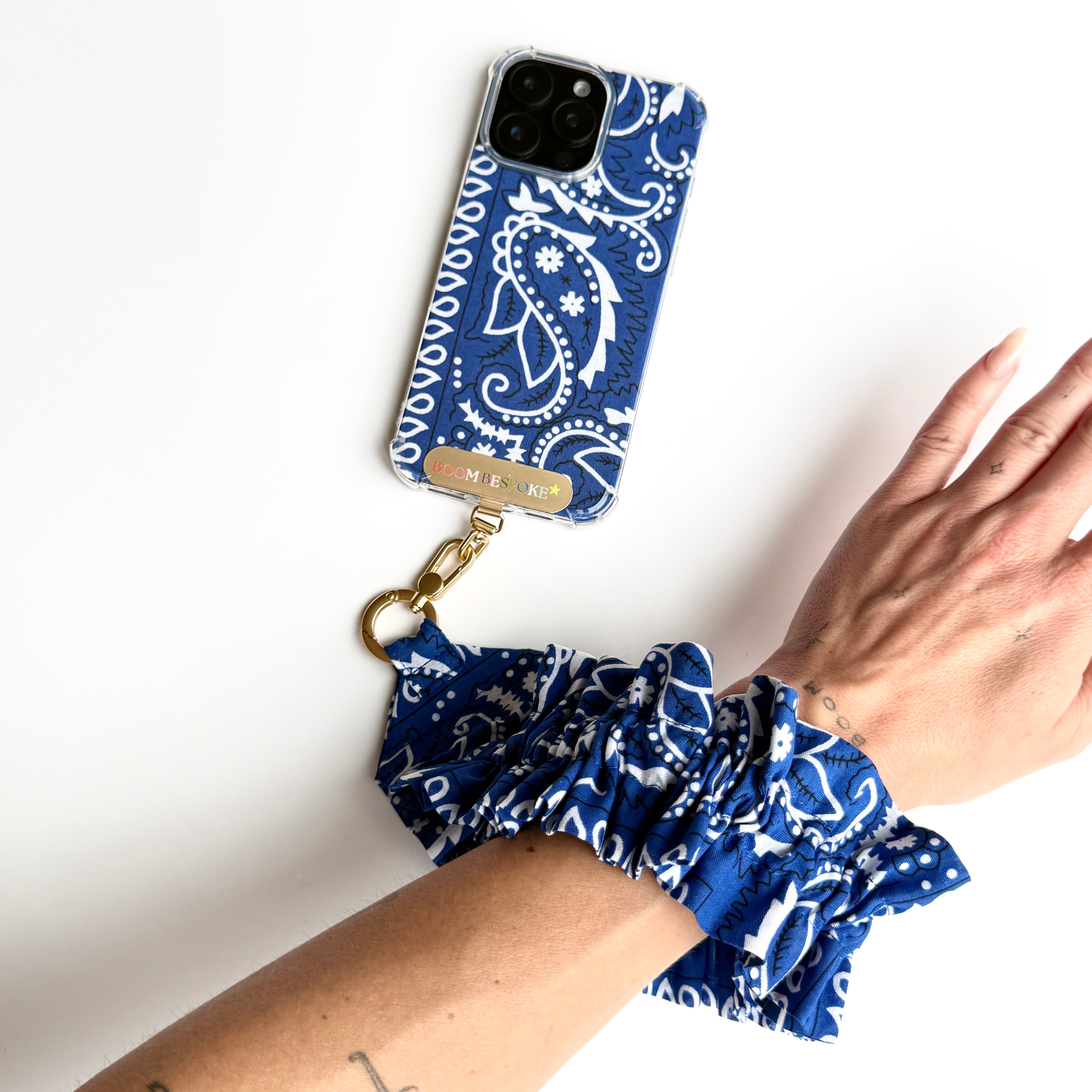 ELECTRIC BLUE RUFFLE BANDANA WRISTLET PHONE STRAP