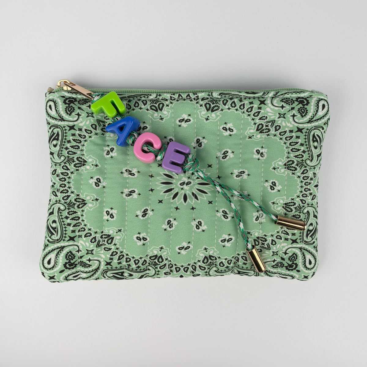 GREEN BESPOKE CHUNKY LETTER BEAD BANDANA ZIP POUCH