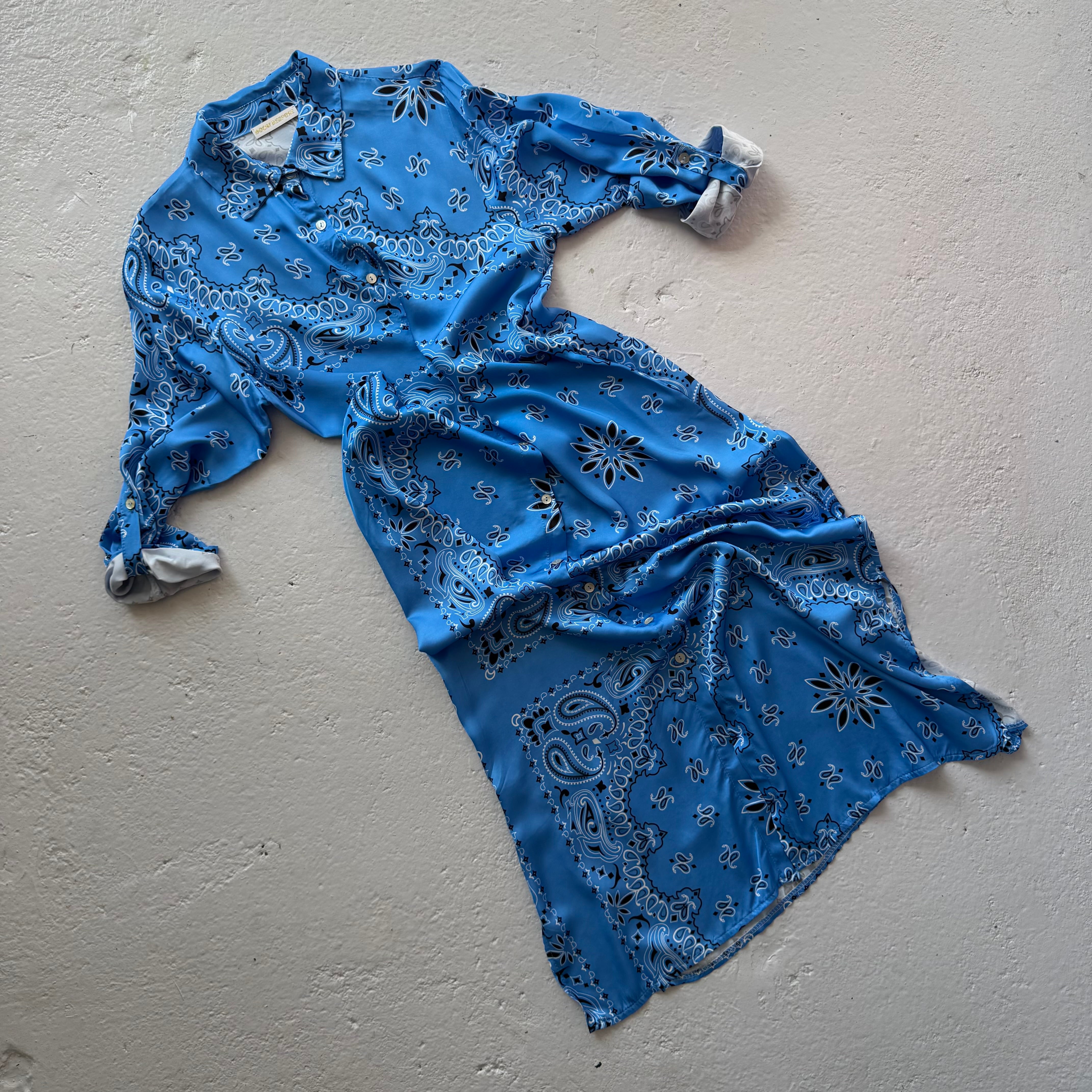 ‘AZURE’ BLUE BANDANA SILK MAXI SHIRT DRESS