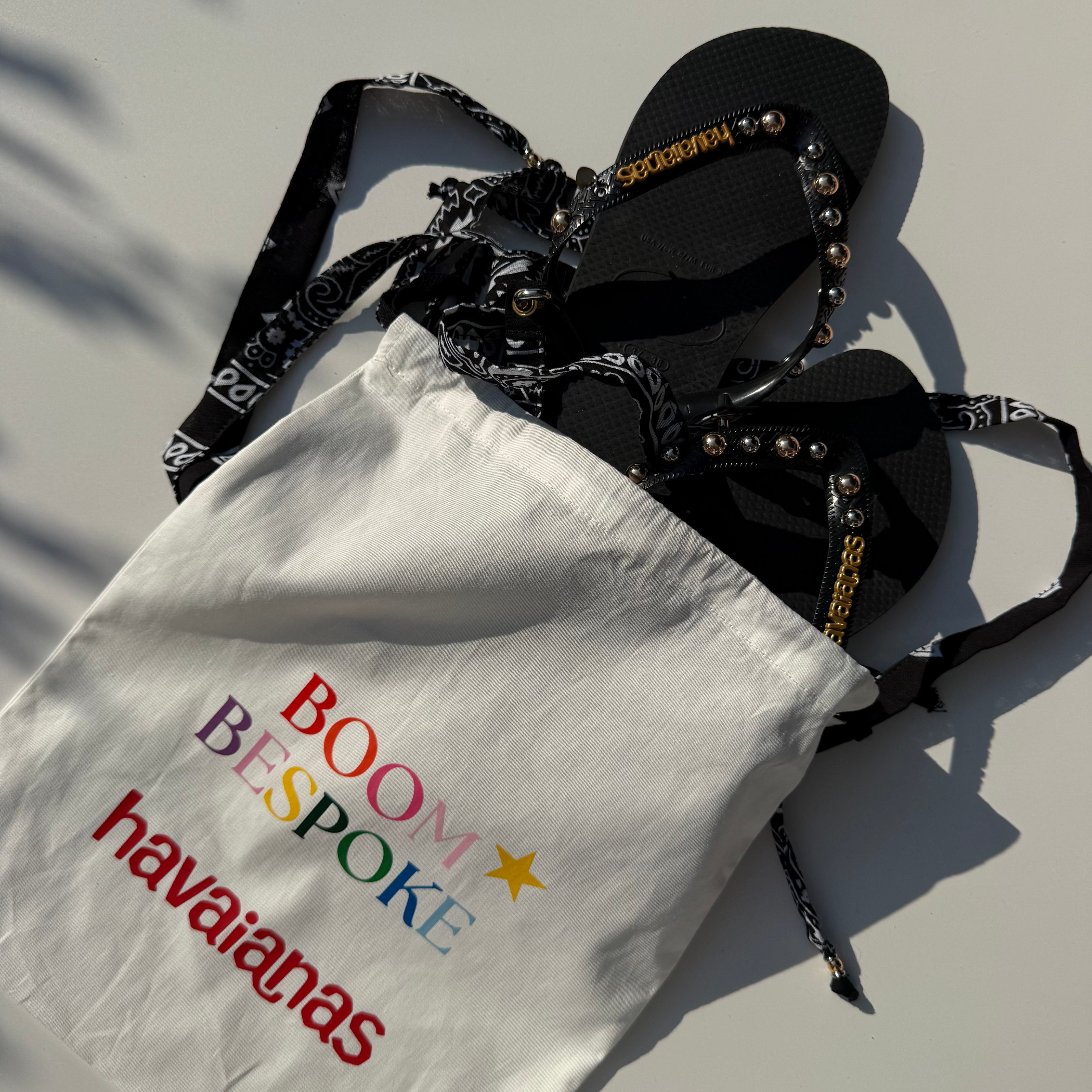 ‘MIXED METAL’ STUDDED BLACK BANDANA HAVAIANAS TOP FLIP FLOPS BY BOOM BESPOKE