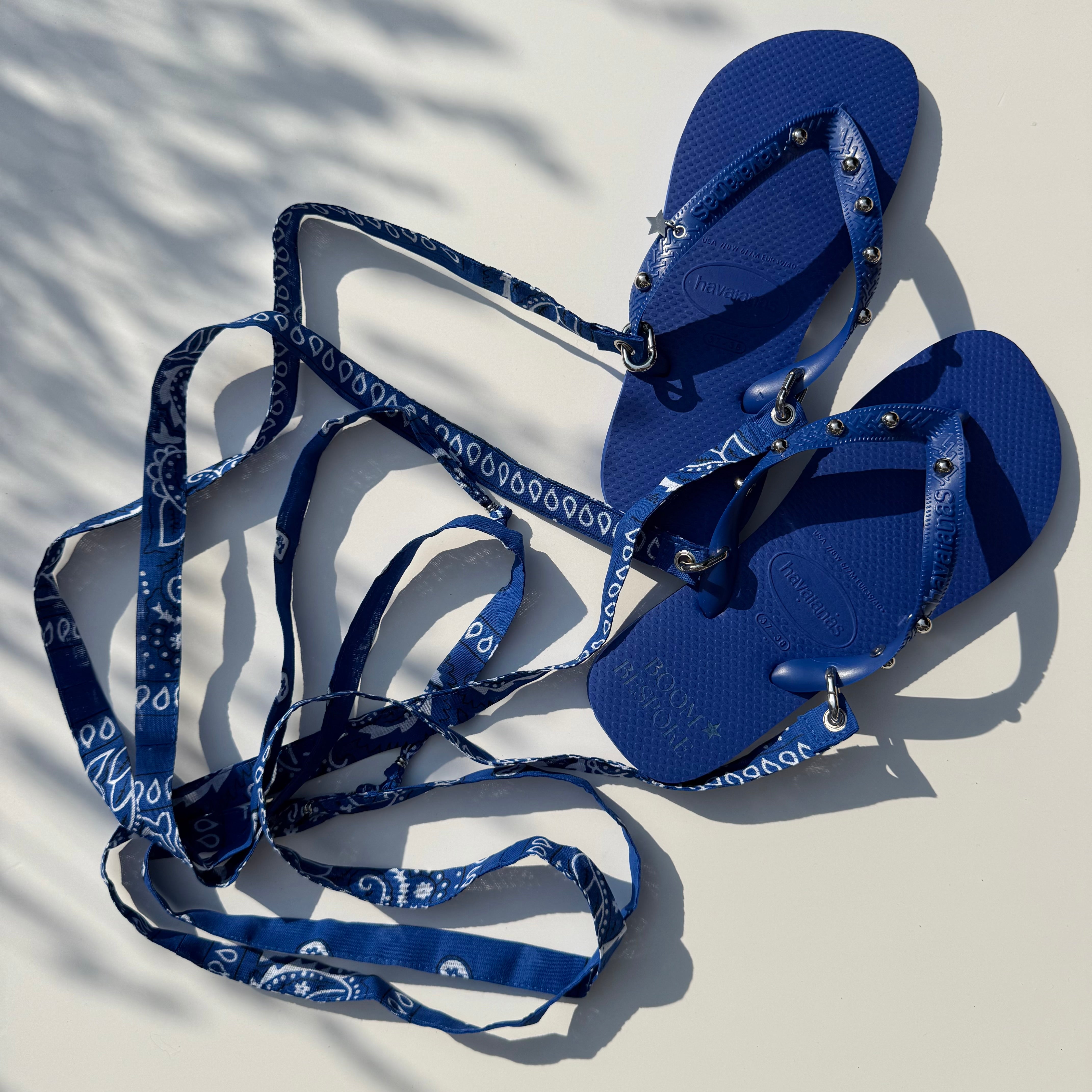 ‘PETROL STUD’ ELECTRIC BLUE BANDANA HAVAIANAS TOP FLIP FLOPS BY BOOM BESPOKE