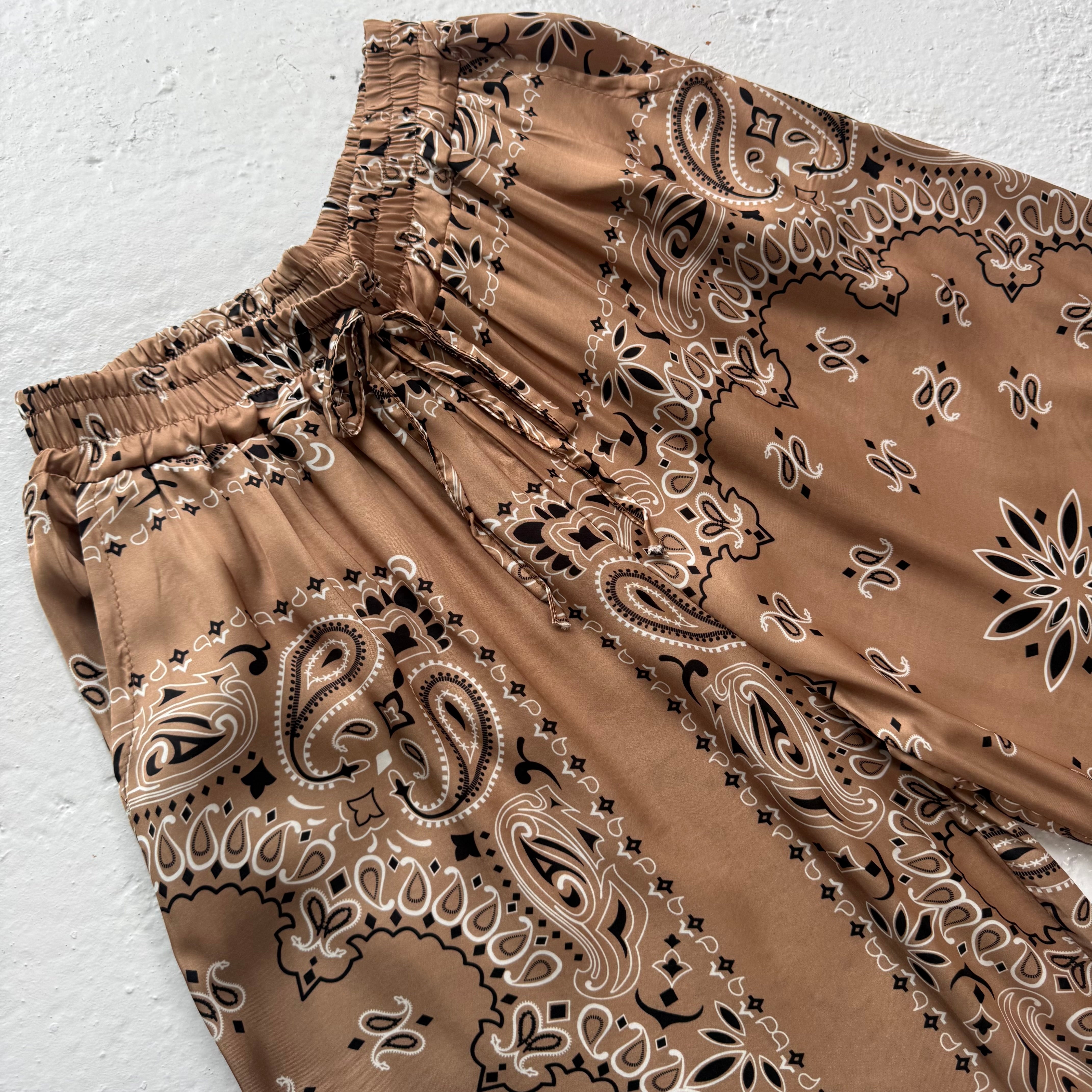 ‘ICED LATTE’ TAN BANDANA SILK TROUSERS CO-ORD