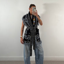 Load image into Gallery viewer, PREORDER ‘MIDNIGHT’ BANDANA KNIT BELTED LONGLINE SLEEVELESS CARDIGAN
