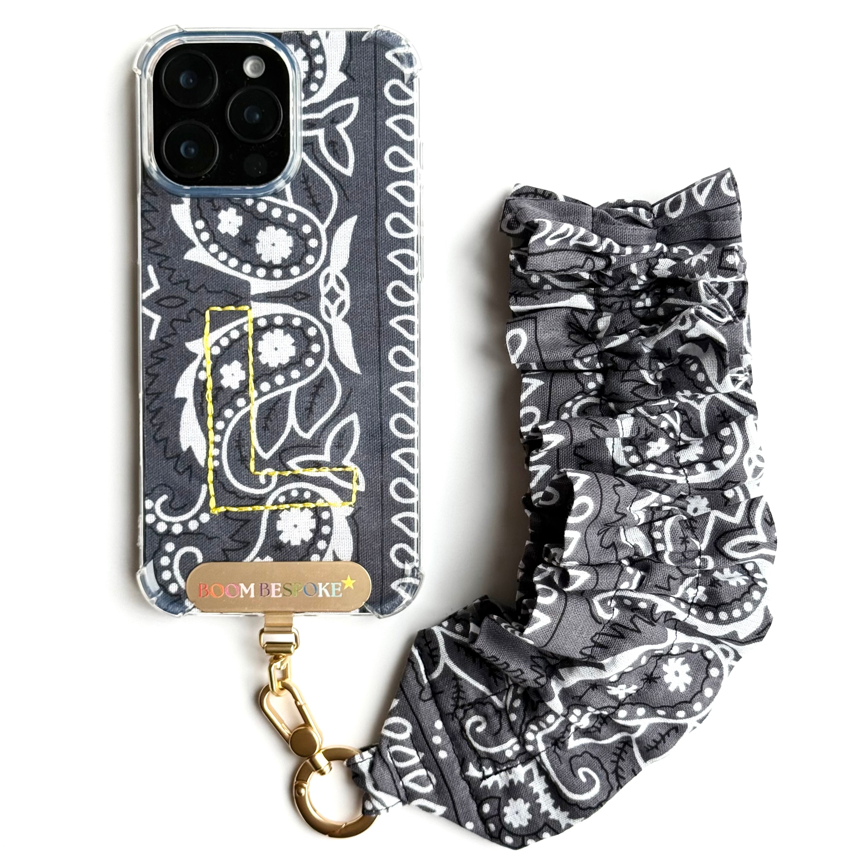 CHARCOAL GREY RUFFLE BANDANA WRISTLET PHONE STRAP