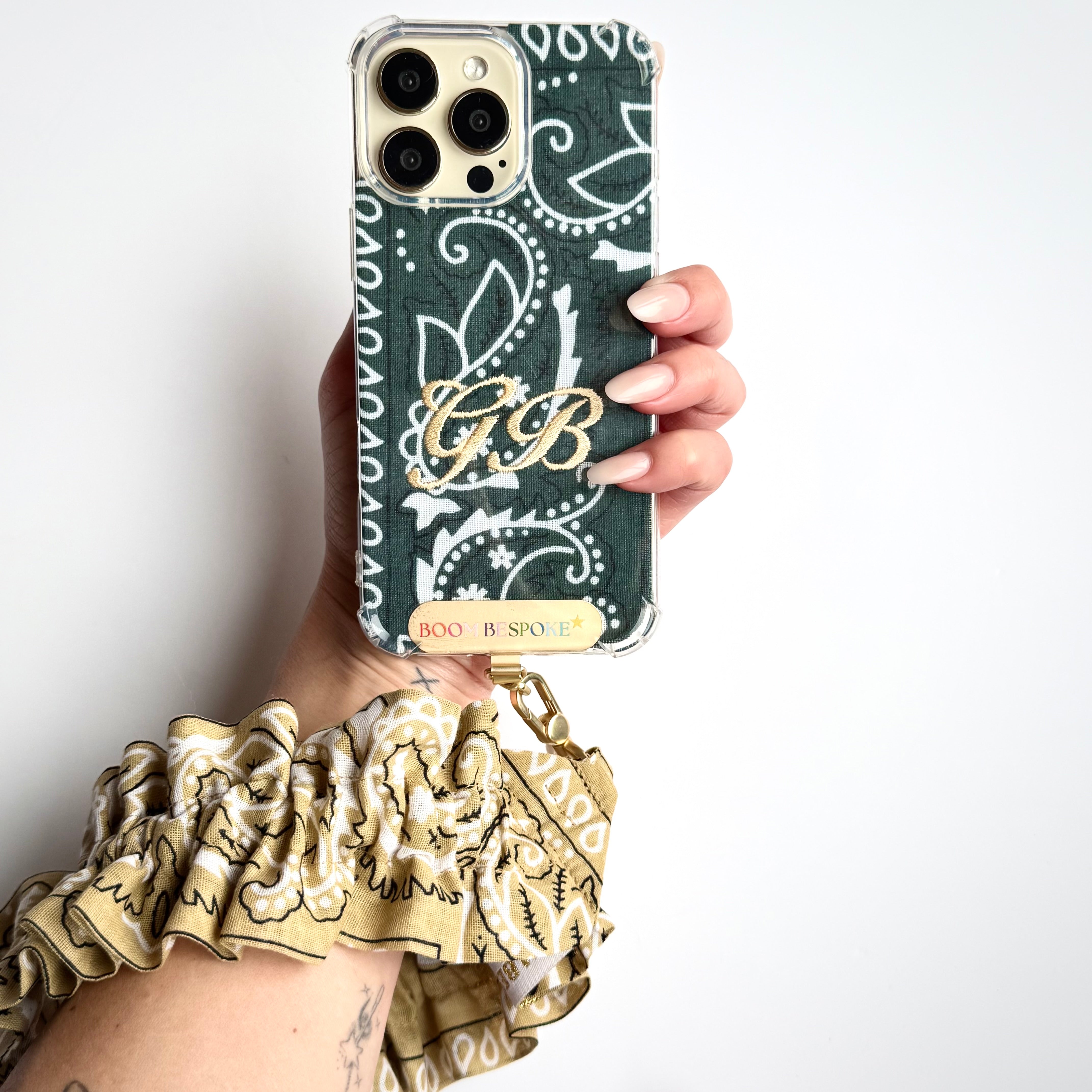 BEIGE RUFFLE BANDANA WRISTLET PHONE STRAP