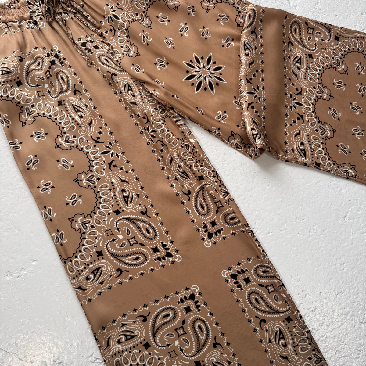 ‘ICED LATTE’ TAN BANDANA SILK TROUSERS CO-ORD