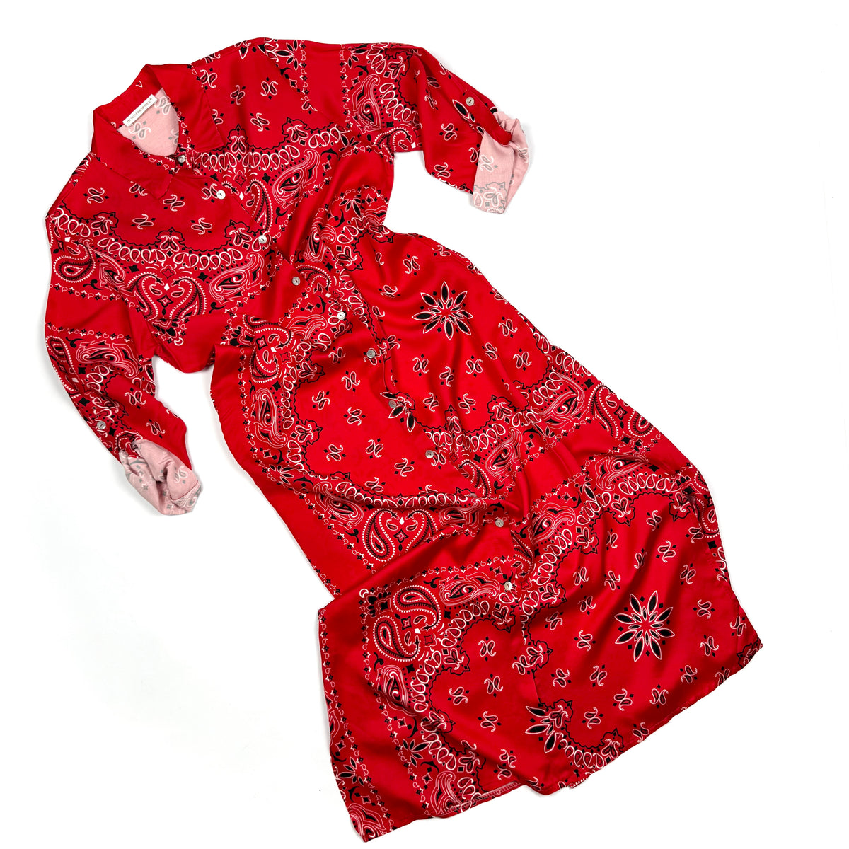 ‘CHERRY’ RED BANDANA SILK MAXI SHIRT DRESS