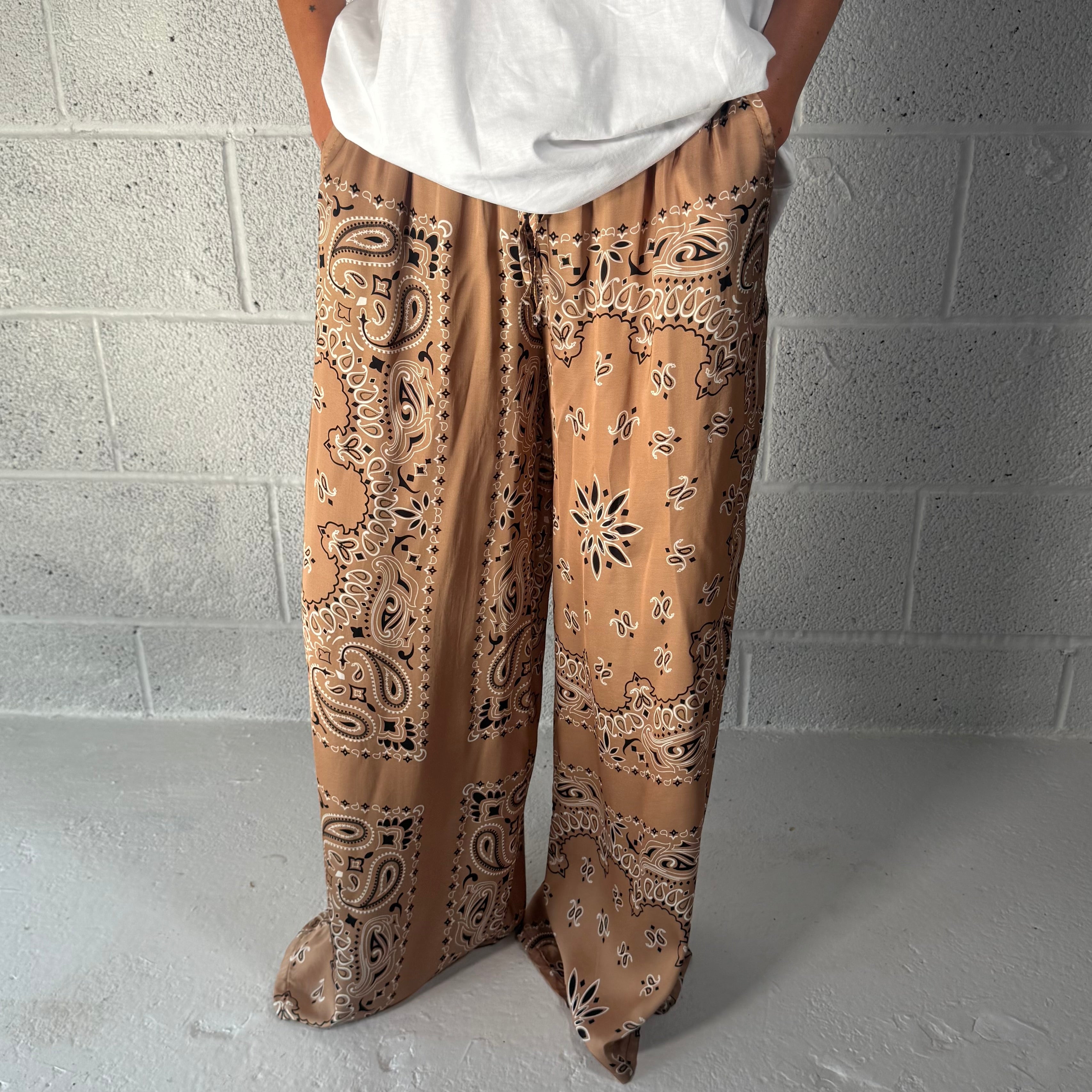 ‘ICED LATTE’ TAN BANDANA SILK TROUSERS CO-ORD