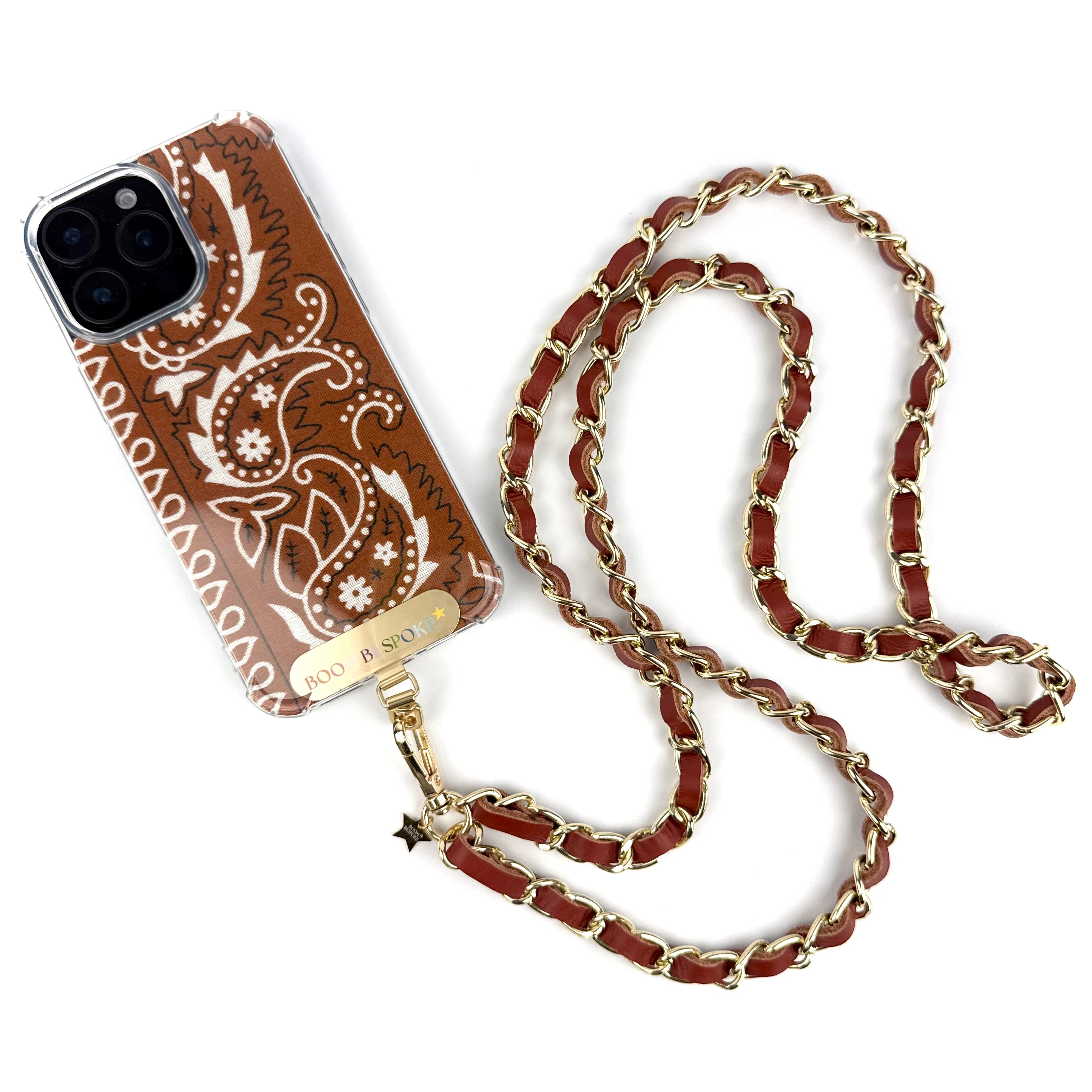 ‘RUST’ DEEP TAN LEATHER GOLD CHAIN CROSSBODY PHONE STRAP