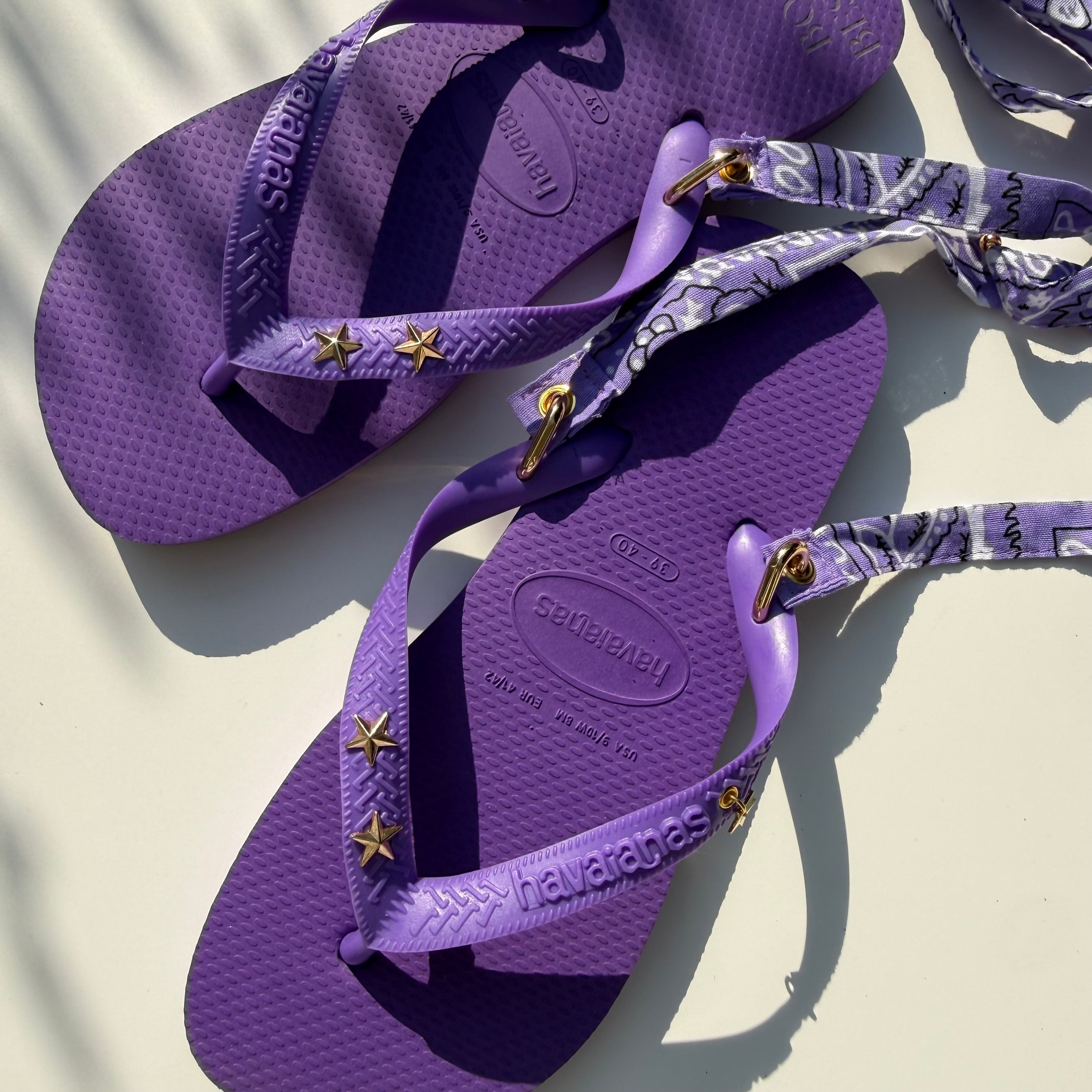 ‘CELESTIAL’ GOLD STAR STUD PURPLE BANDANA HAVAIANAS TOP FLIP FLOPS BY BOOM BESPOKE