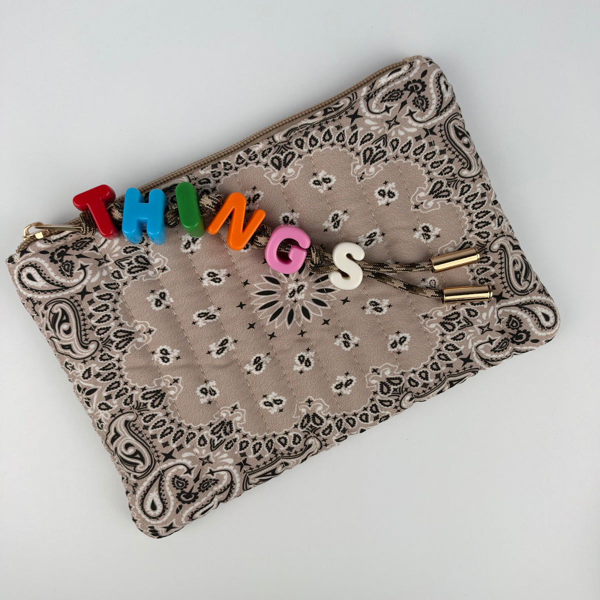 TAUPE BESPOKE CHUNKY LETTER BEAD BANDANA ZIP POUCH