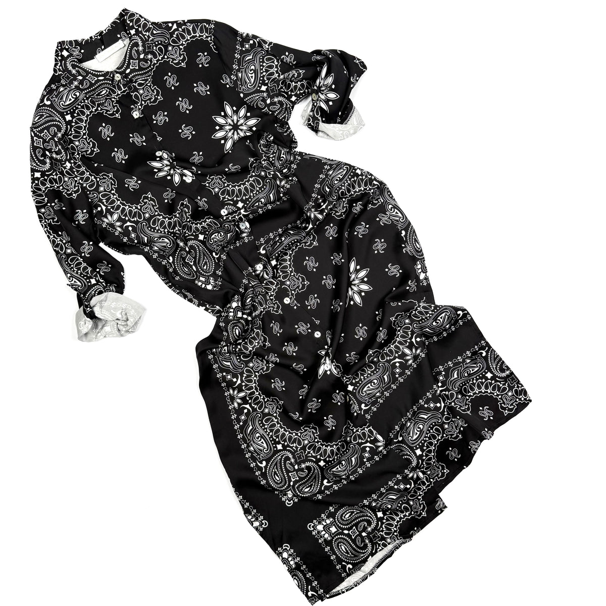 ‘INKED’ BLACK BANDANA SILK MAXI SHIRT DRESS
