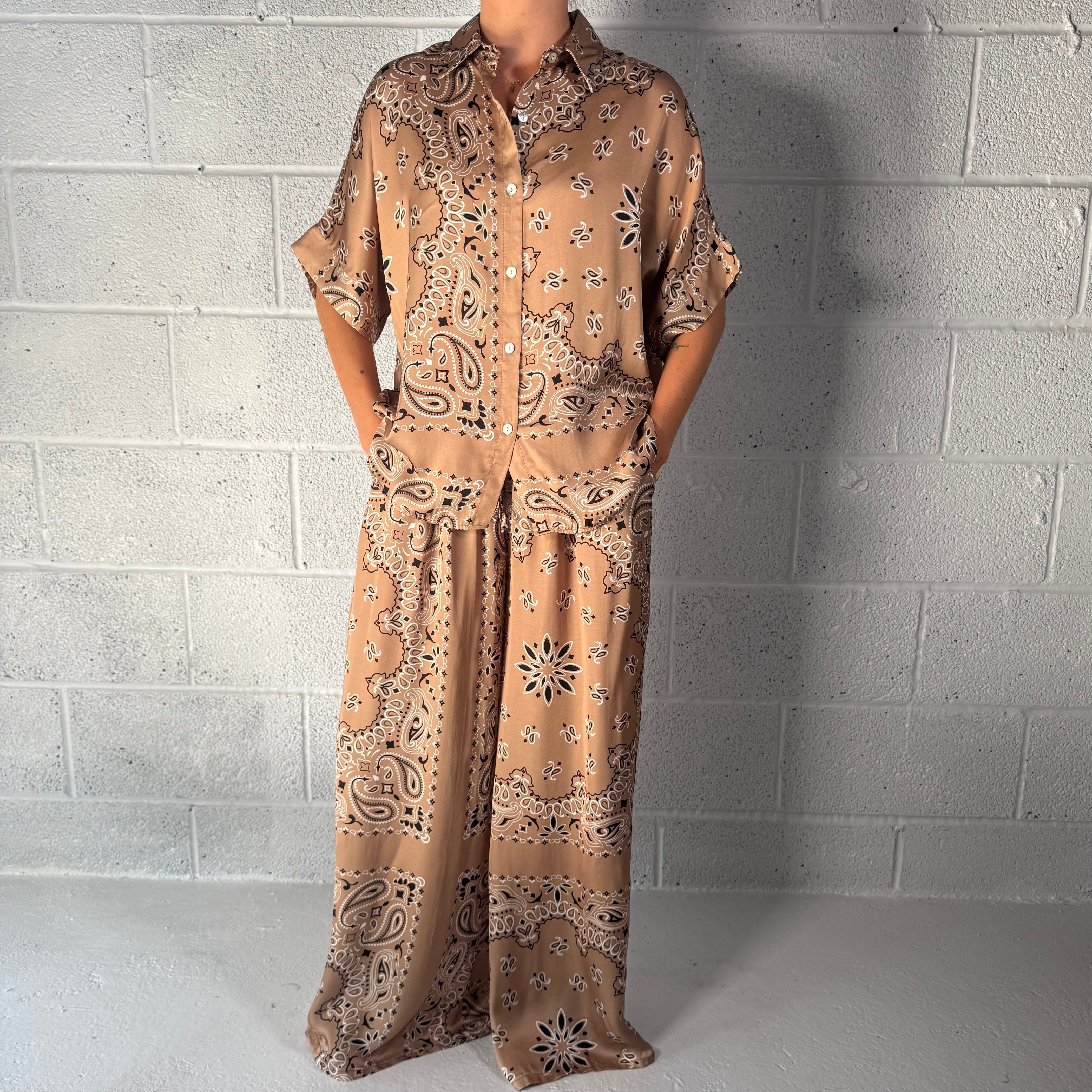‘ICED LATTE’ TAN BANDANA SILK TROUSERS CO-ORD