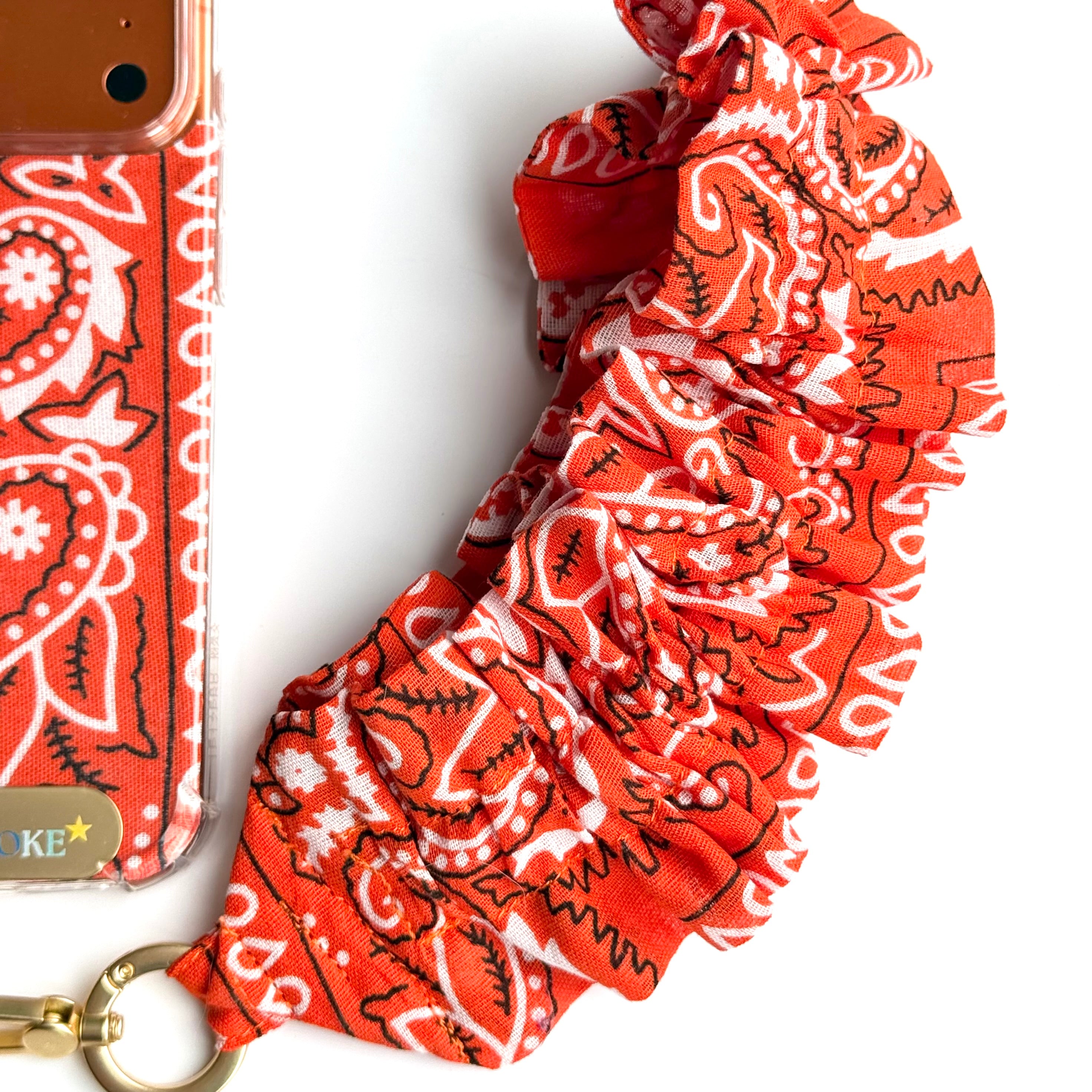 ORANGE RUFFLE BANDANA WRISTLET PHONE STRAP