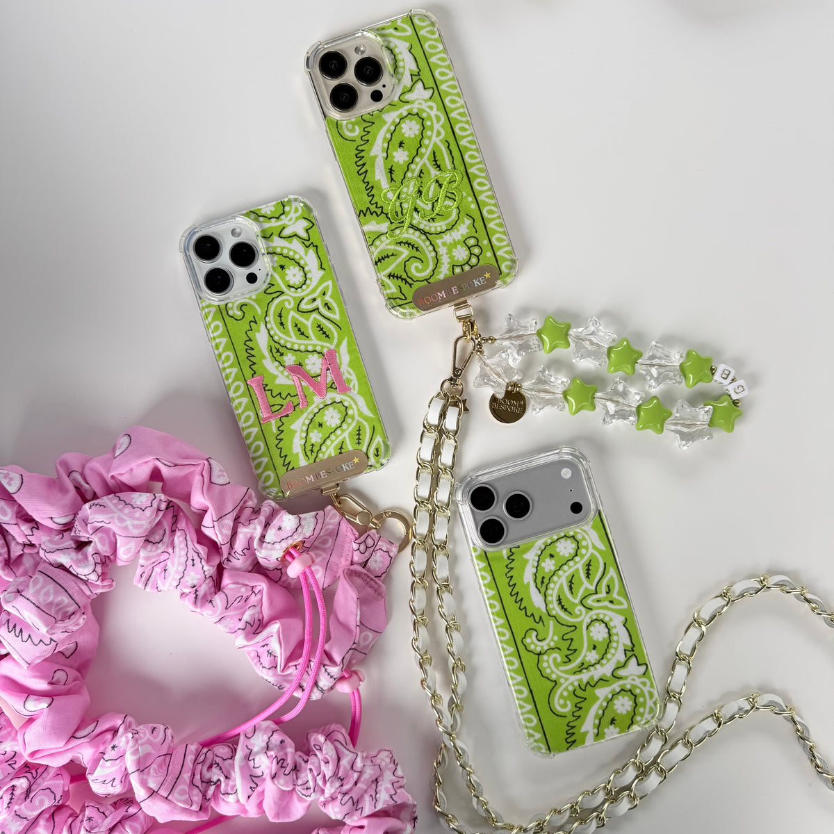 LIME GREEN EMBROIDERED BANDANA PHONE INSERT WITH CASE