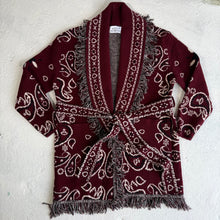Load image into Gallery viewer, PREORDER ‘WINE’ BANDANA KNIT BELTED LONGLINE CARDIGAN