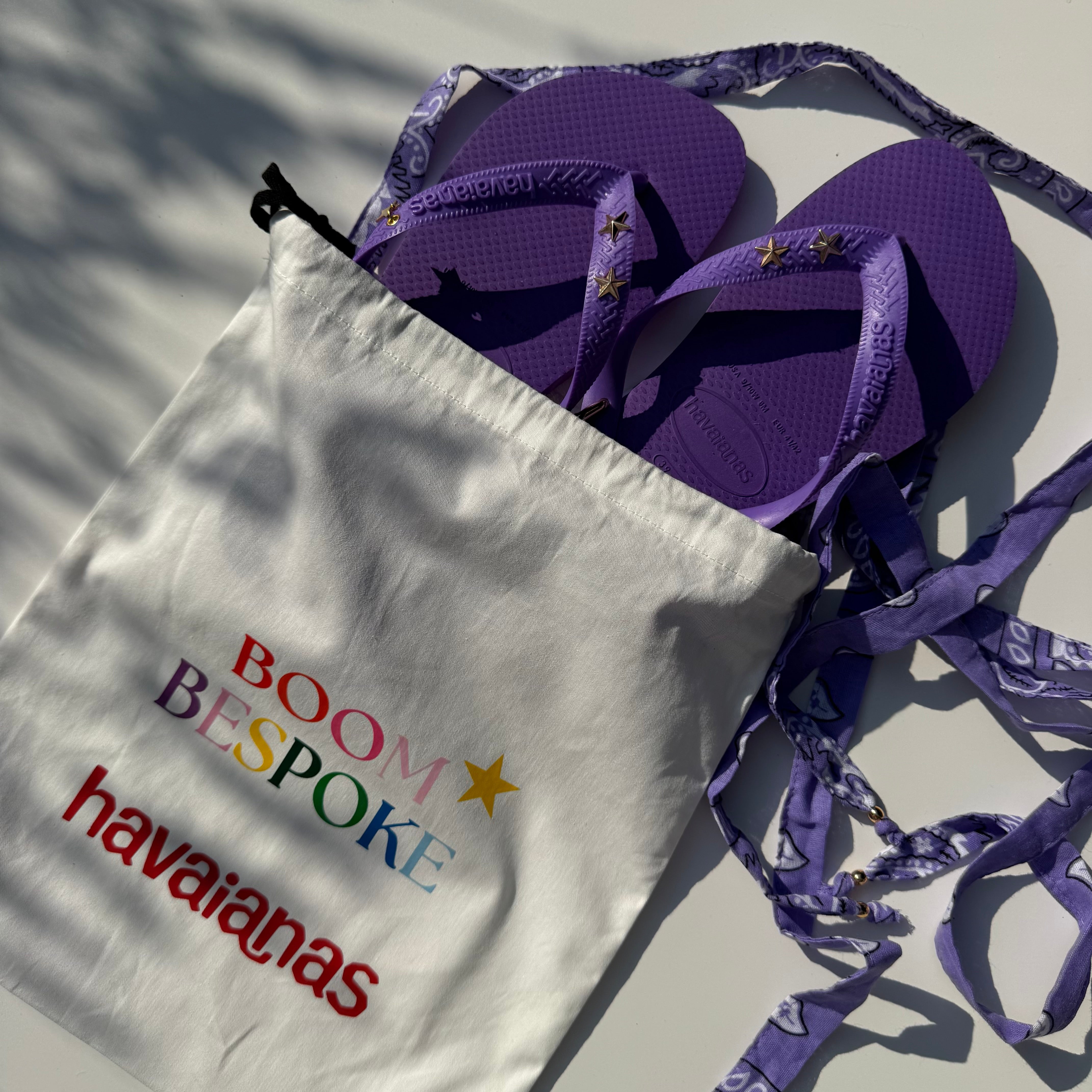 ‘CELESTIAL’ GOLD STAR STUD PURPLE BANDANA HAVAIANAS TOP FLIP FLOPS BY BOOM BESPOKE