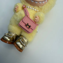 Load image into Gallery viewer, ‘PINK LEATHER BAG’ LETS CHECKMATE YELLOW BOOM BESPOKE LABUBU
