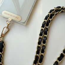 Load image into Gallery viewer, ‘COAL’ BLACK LEATHER GOLD CHAIN CROSSBODY PHONE STRAP
