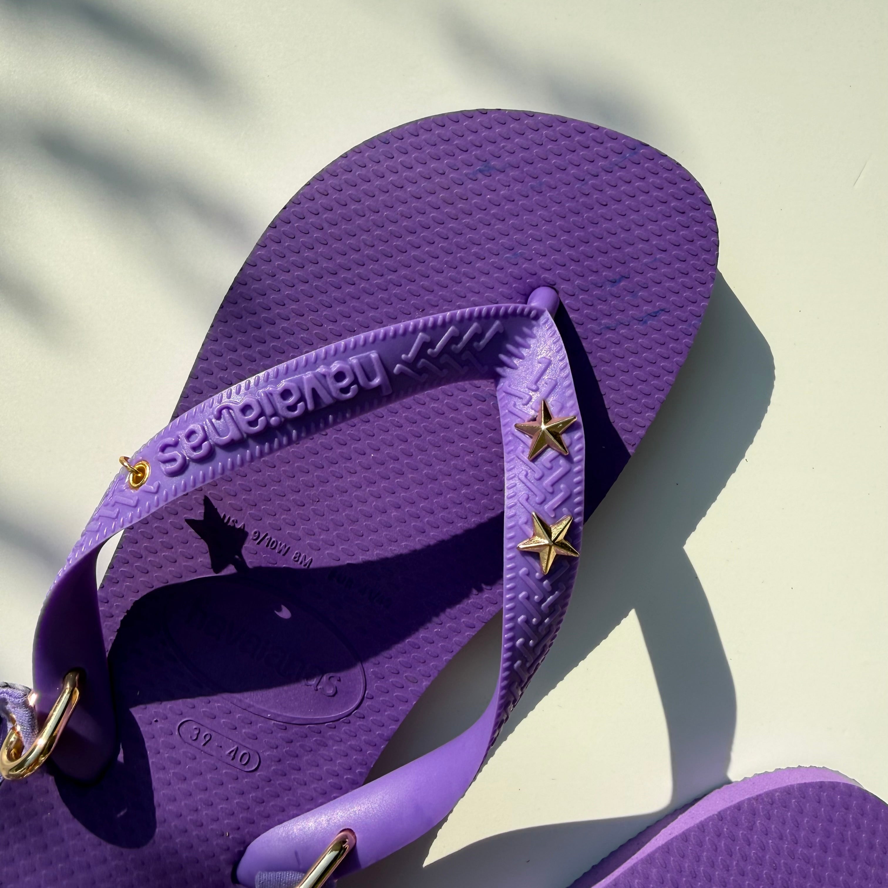 ‘CELESTIAL’ GOLD STAR STUD PURPLE BANDANA HAVAIANAS TOP FLIP FLOPS BY BOOM BESPOKE IMPERFECT PAIR