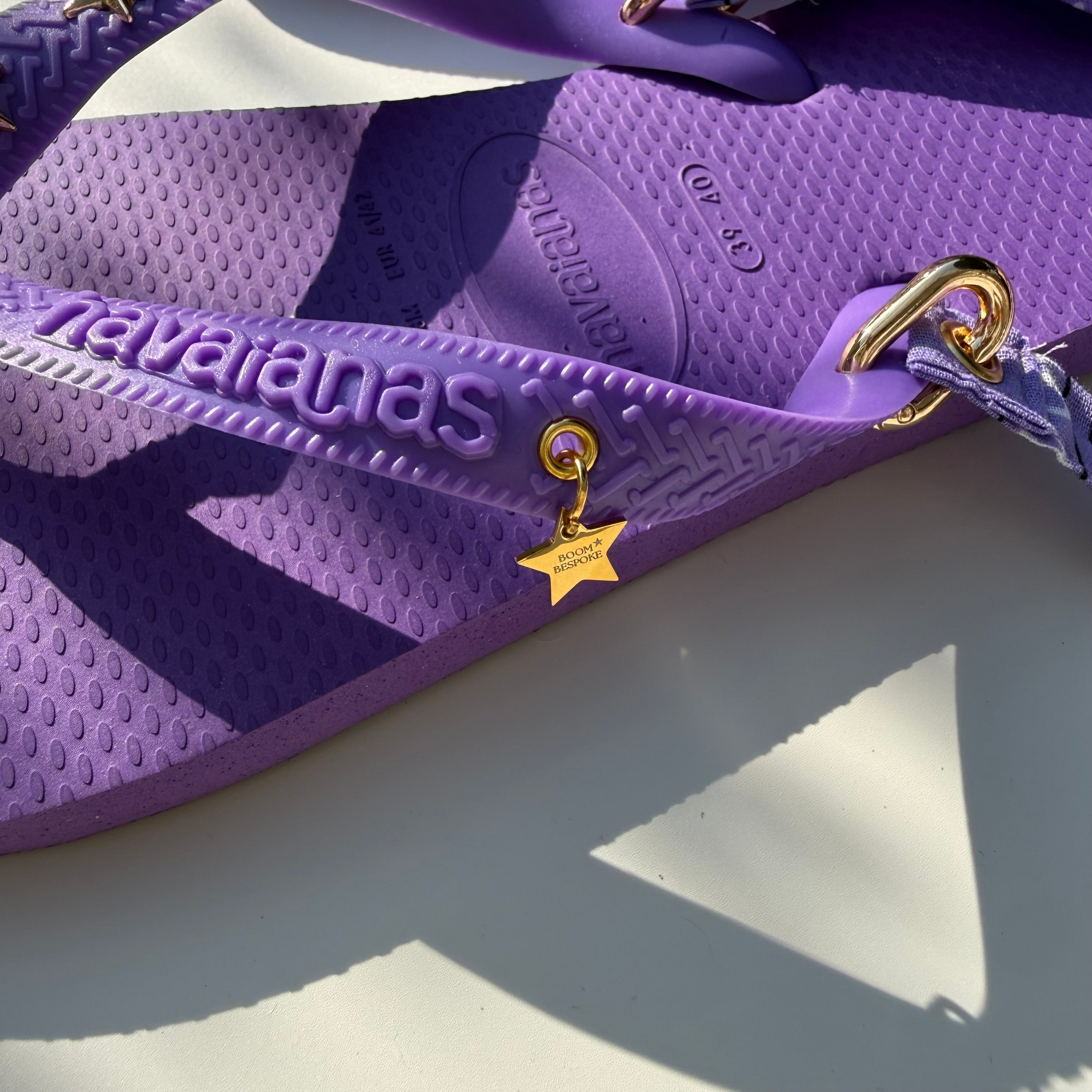 ‘CELESTIAL’ GOLD STAR STUD PURPLE BANDANA HAVAIANAS TOP FLIP FLOPS BY BOOM BESPOKE