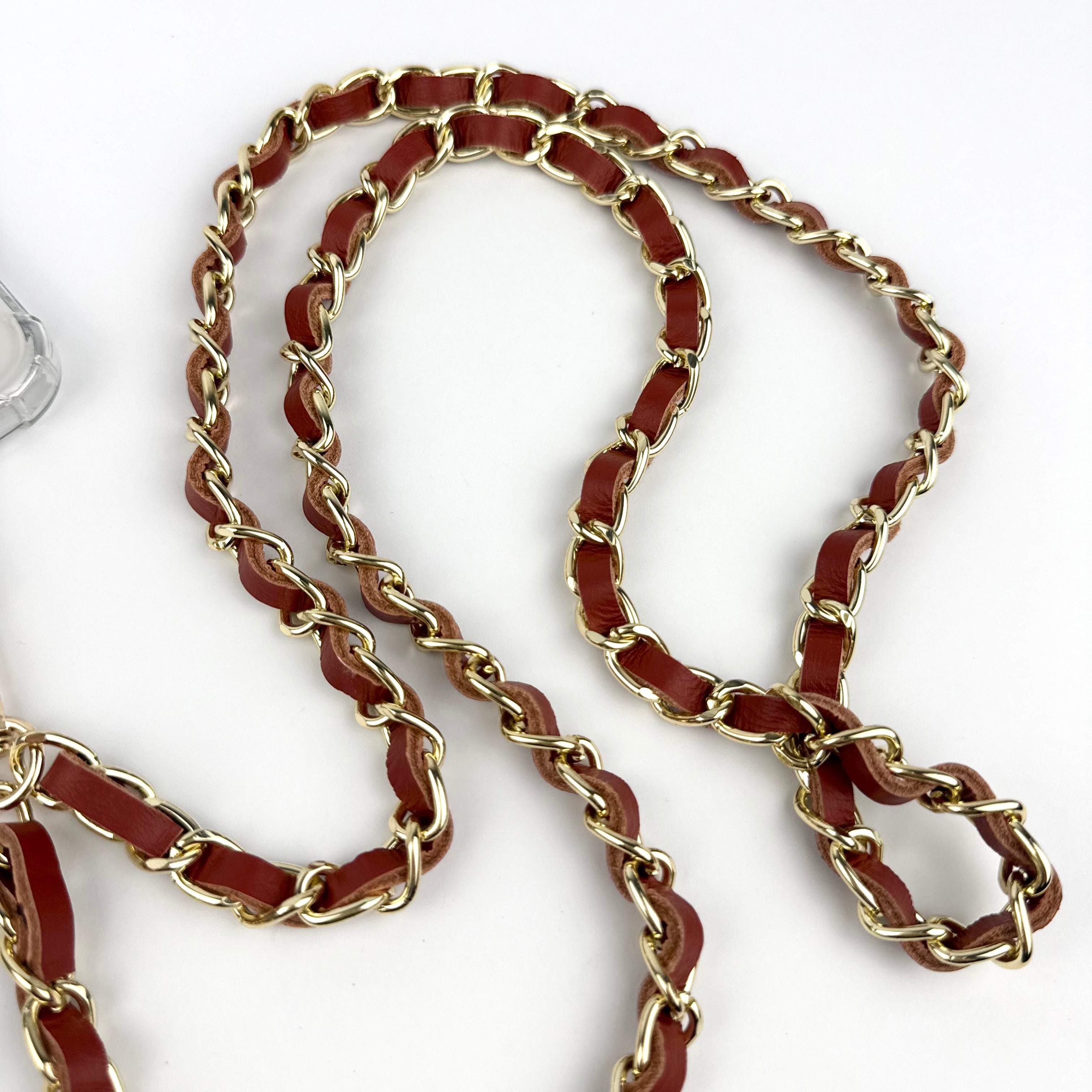 ‘RUST’ DEEP TAN LEATHER GOLD CHAIN CROSSBODY PHONE STRAP