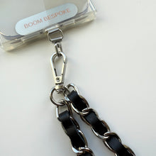 Load image into Gallery viewer, ‘COAL’ BLACK LEATHER GOLD CHAIN CROSSBODY PHONE STRAP
