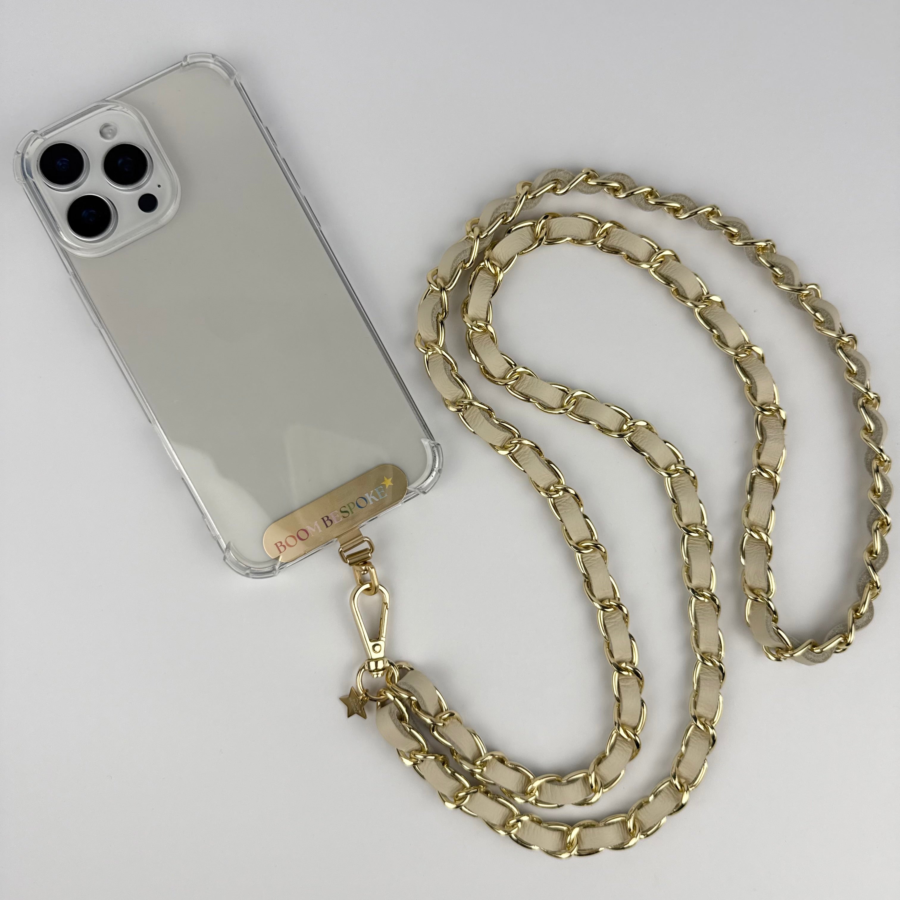 ‘CREAMY’ CREAM LEATHER GOLD CHAIN CROSSBODY PHONE STRAP