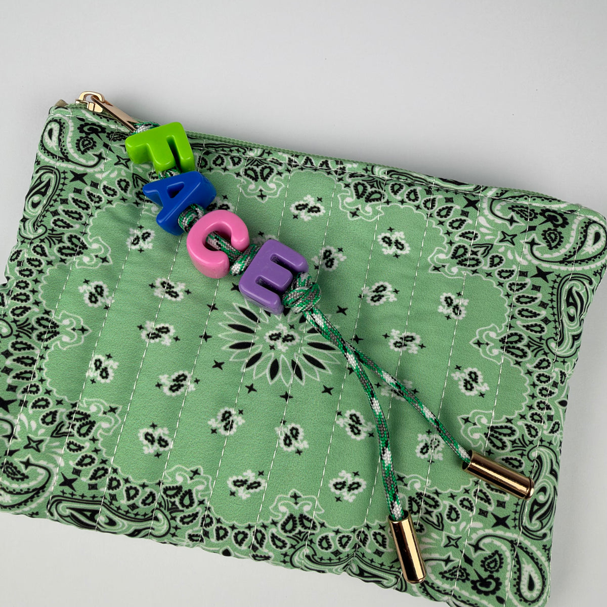 GREEN BESPOKE CHUNKY LETTER BEAD BANDANA ZIP POUCH