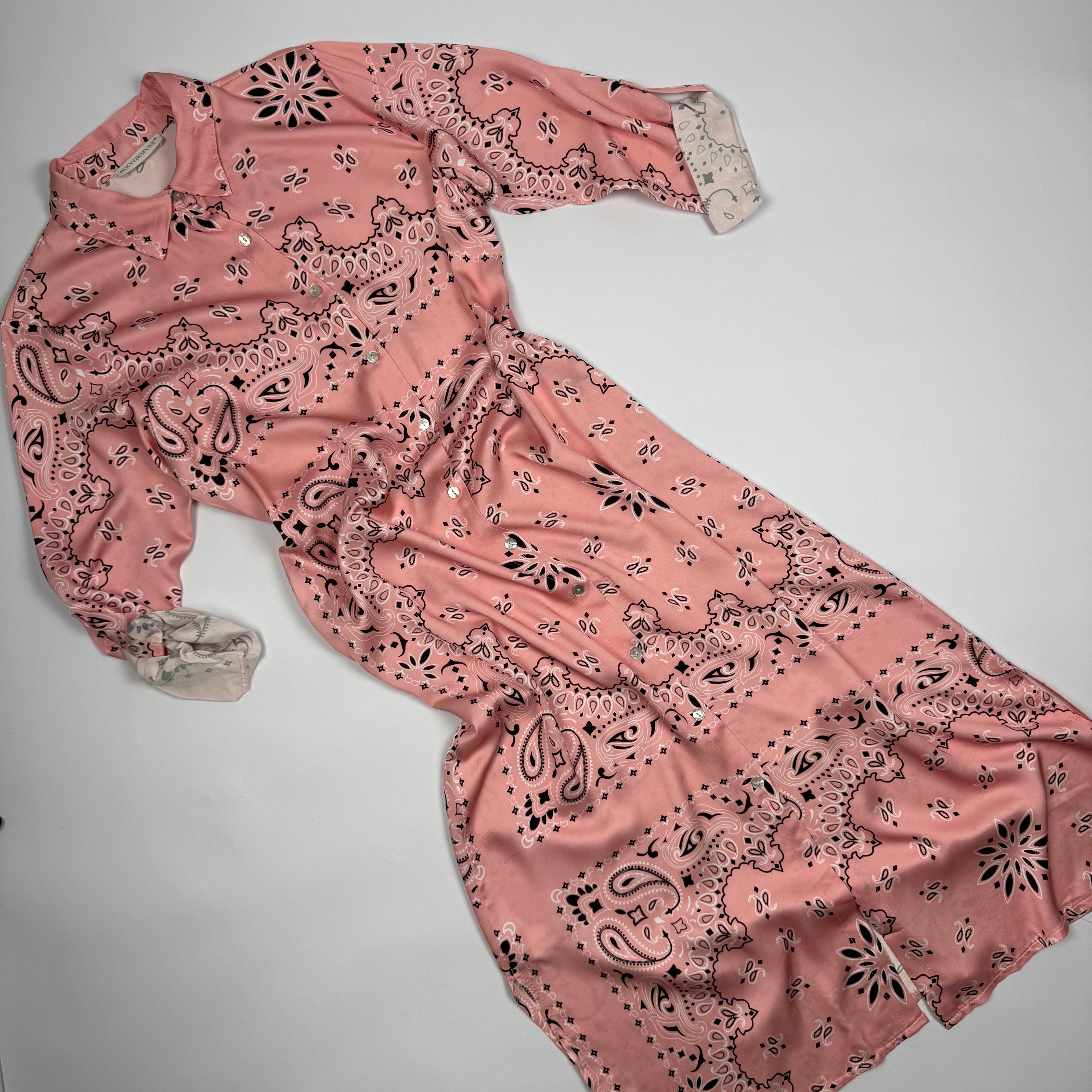 ‘ROSÉ’ PINK BANDANA SILK MAXI SHIRT DRESS