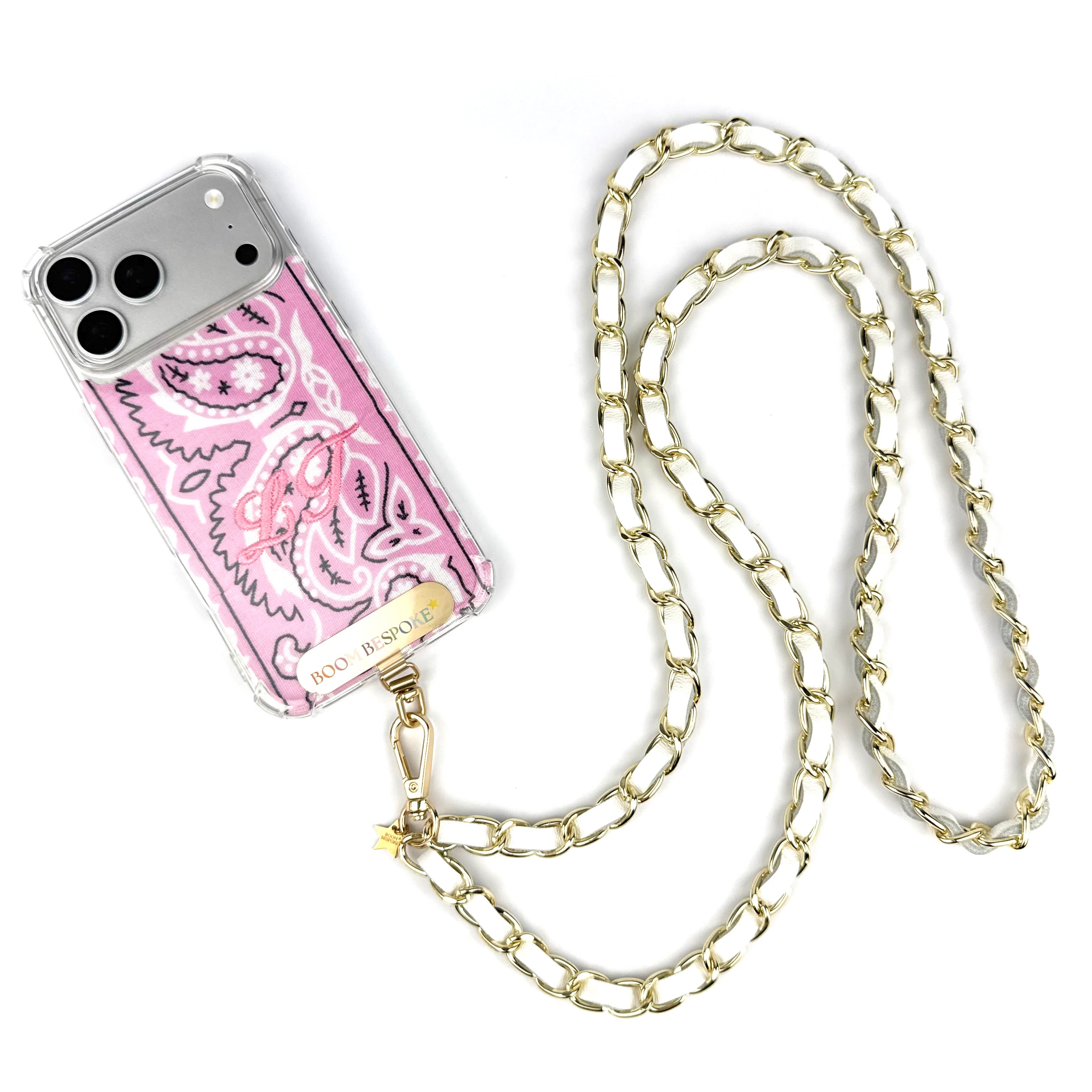 ‘SALT’ WHITE LEATHER GOLD CHAIN CROSSBODY PHONE STRAP
