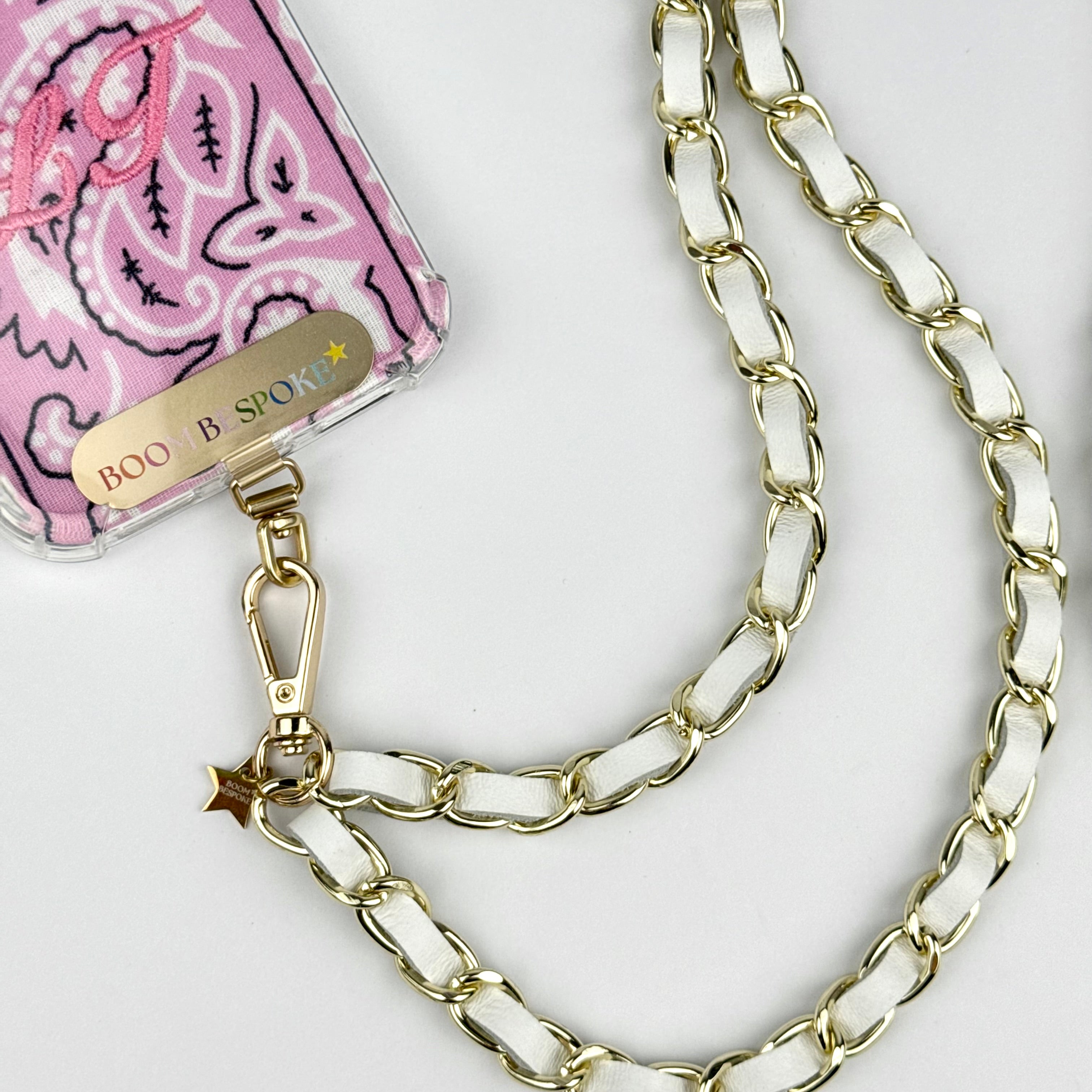 ‘SALT’ WHITE LEATHER GOLD CHAIN CROSSBODY PHONE STRAP