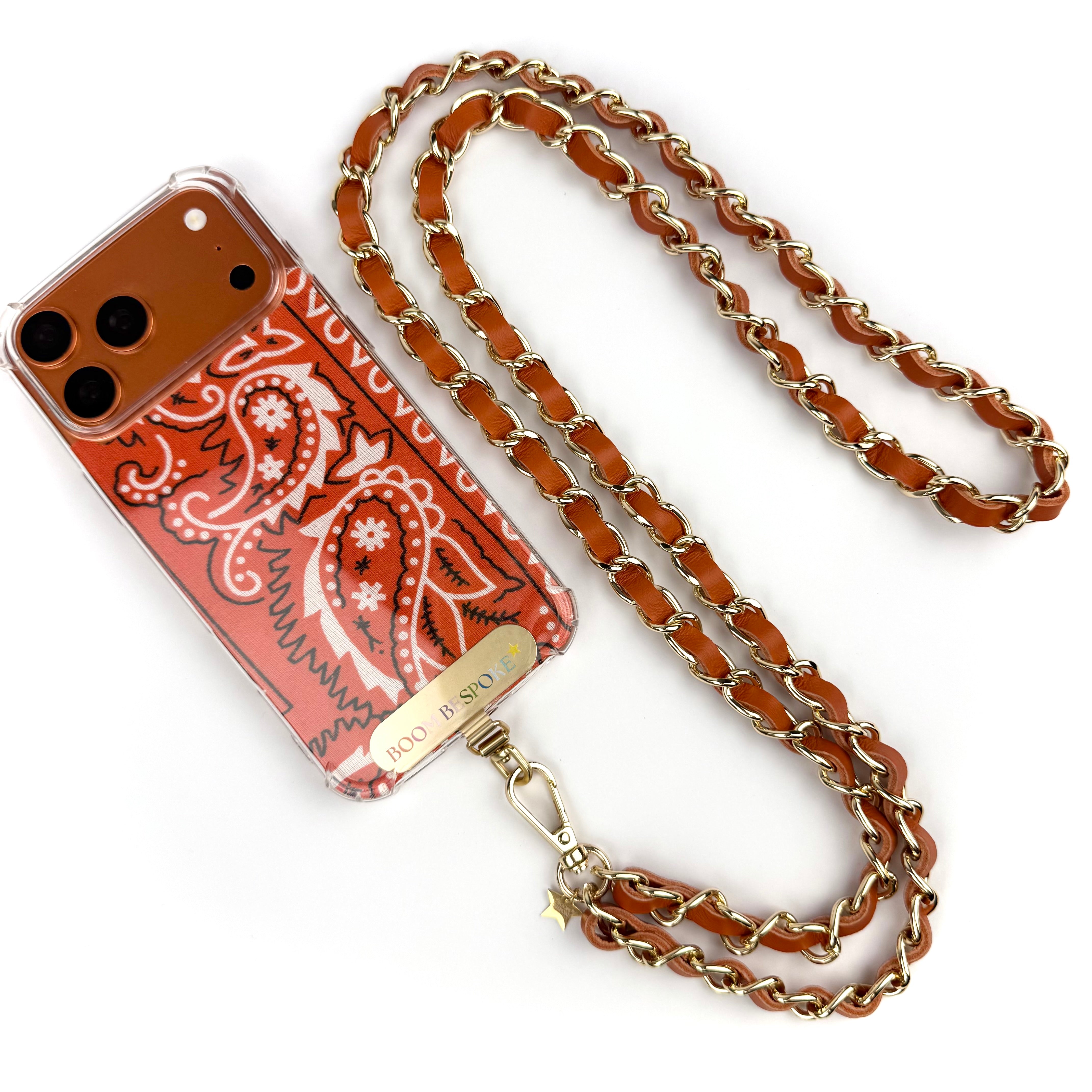 ‘VIT C’ ORANGE LEATHER GOLD CHAIN CROSSBODY PHONE STRAP