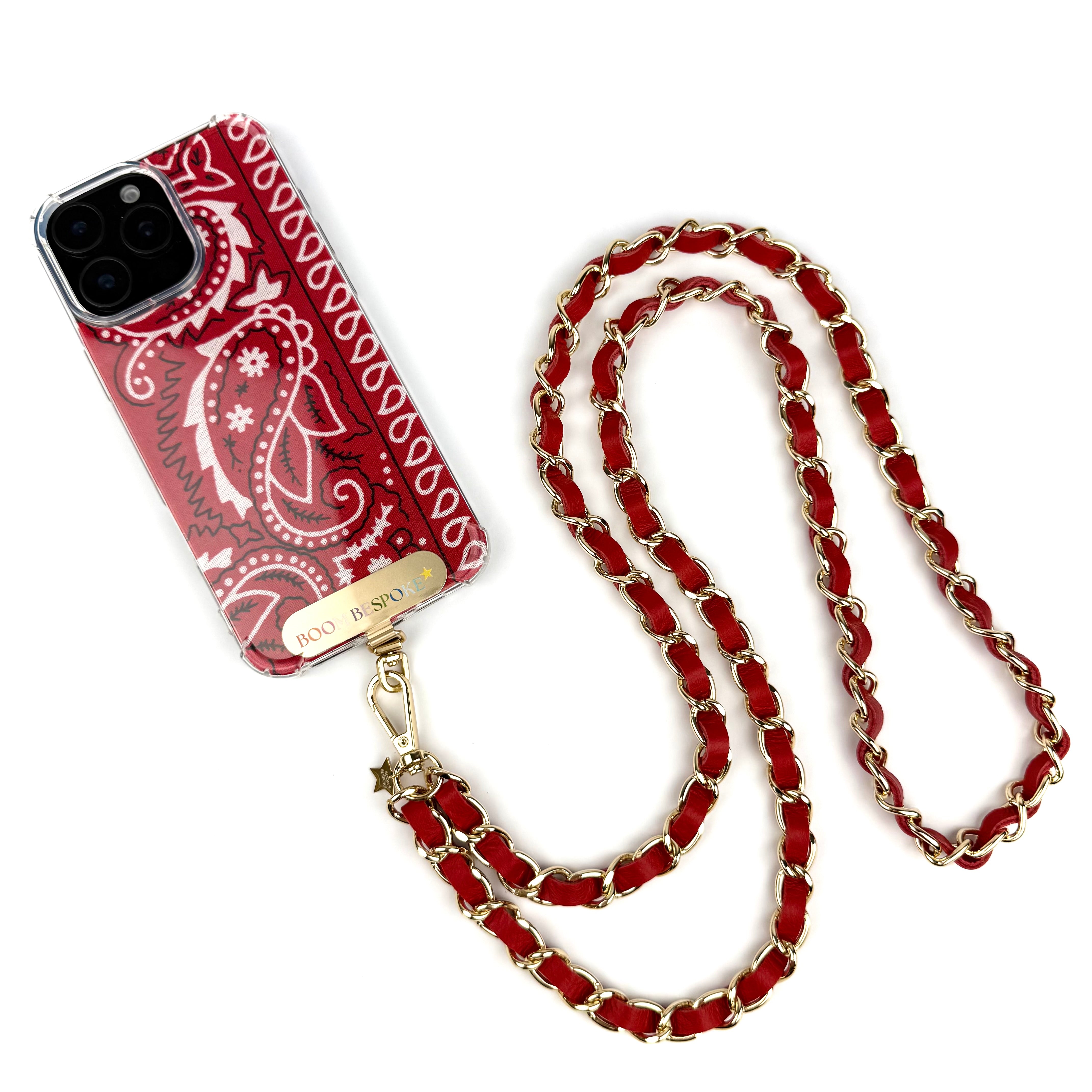 ‘CHERRY’ RED LEATHER GOLD CHAIN CROSSBODY PHONE STRAP