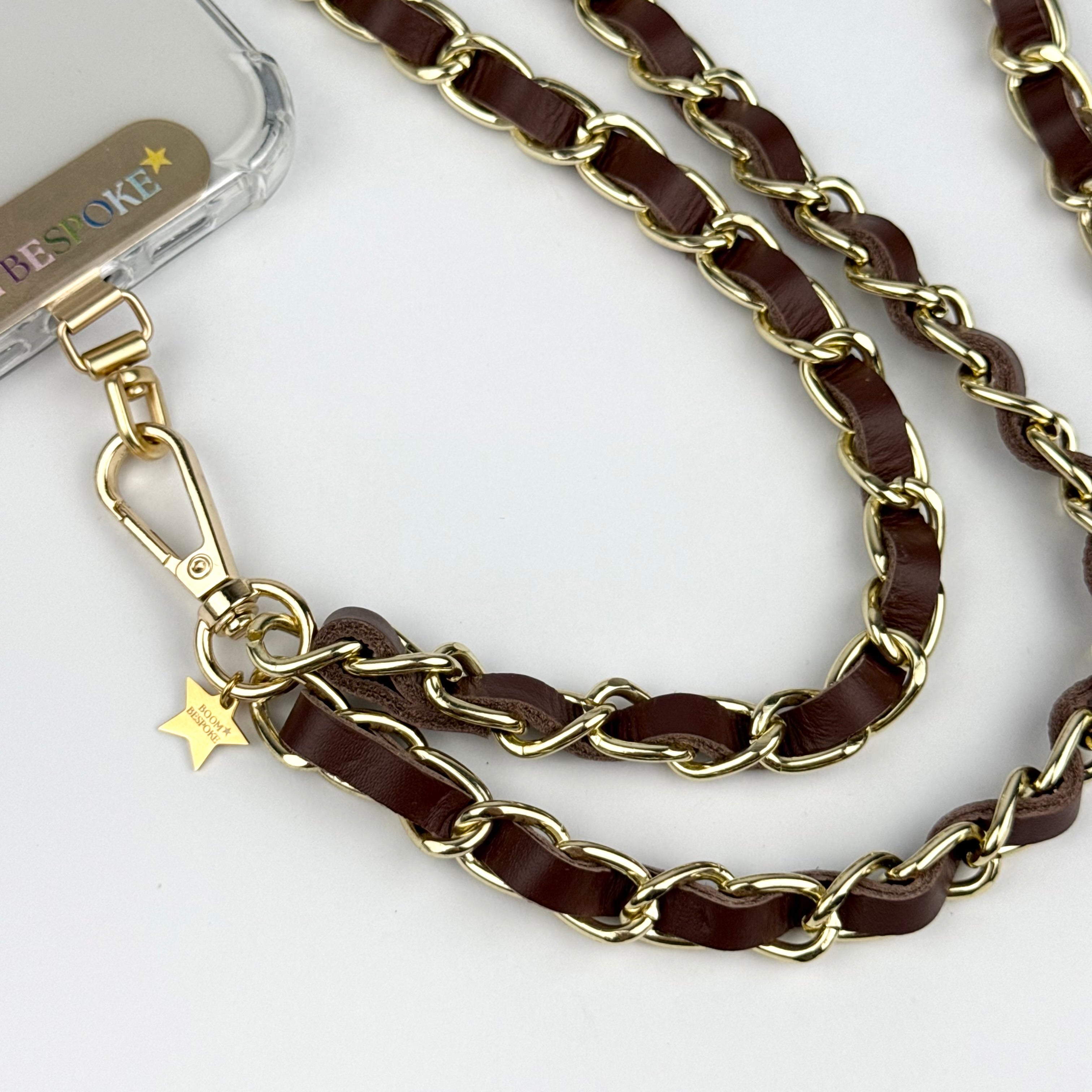 ‘ESPRESSO’ BROWN LEATHER GOLD CHAIN CROSSBODY PHONE STRAP