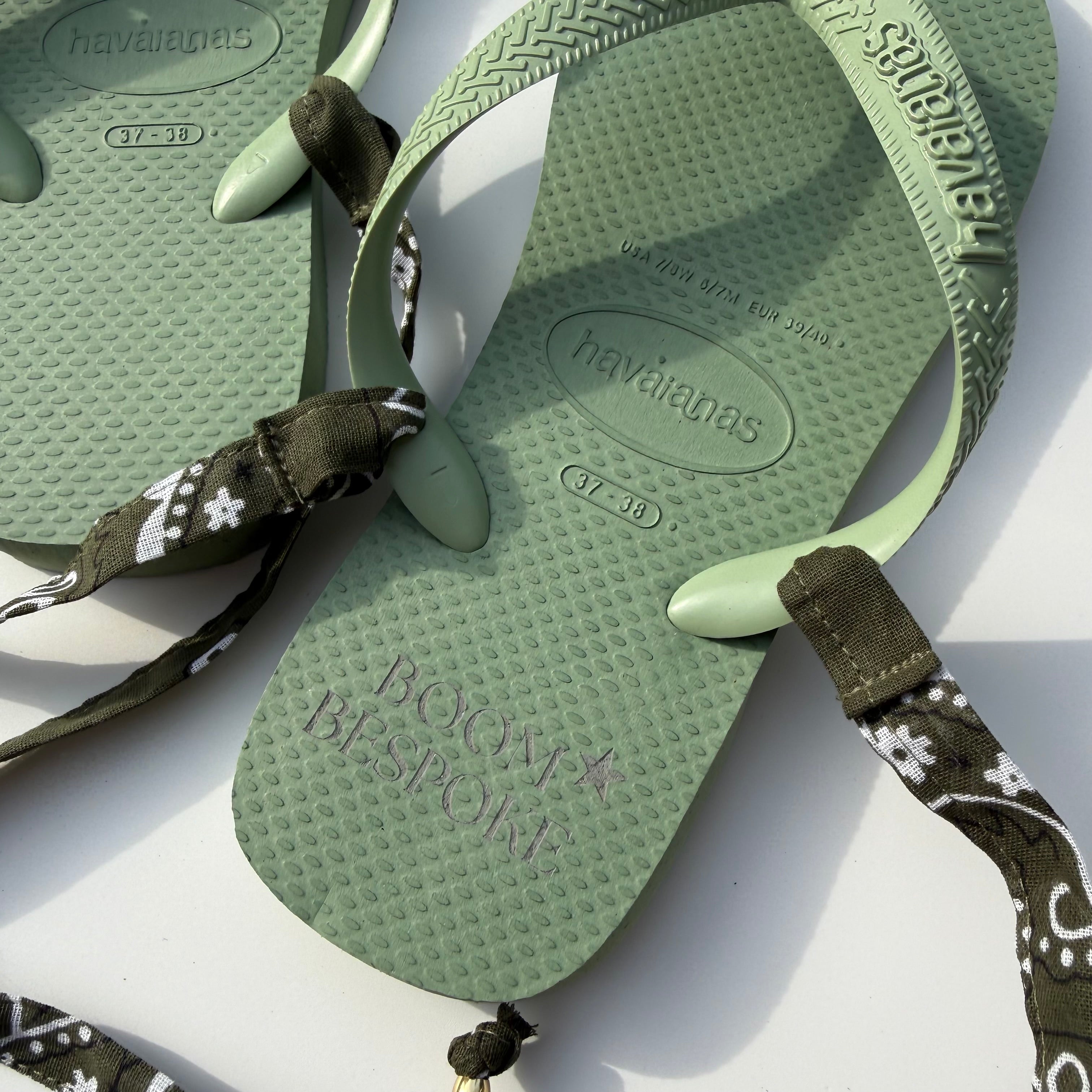 ‘SAGE’ GREEN BANDANA HAVAIANAS TOP FLIP FLOPS BY BOOM BESPOKE