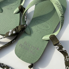 Load image into Gallery viewer, PRE-ORDER ‘SAGE’ GREEN BANDANA HAVAIANAS TOP FLIP FLOPS BY BOOM BESPOKE
