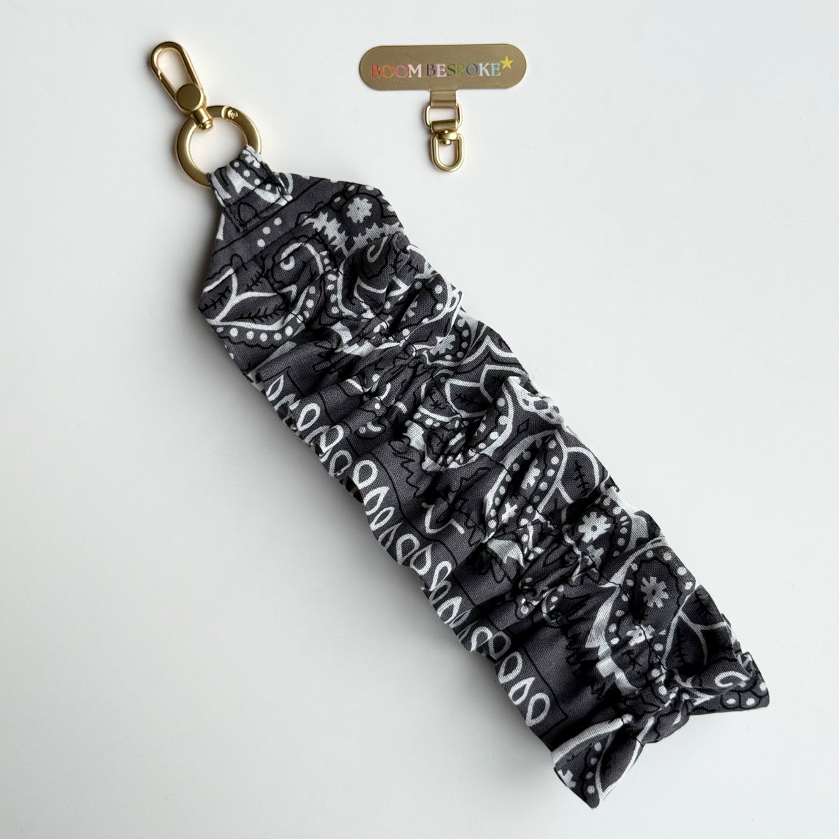 CHARCOAL GREY RUFFLE BANDANA WRISTLET  PHONE STRAP