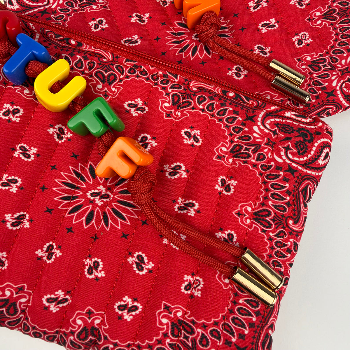 RED BESPOKE CHUNKY LETTER BEAD BANDANA ZIP POUCH