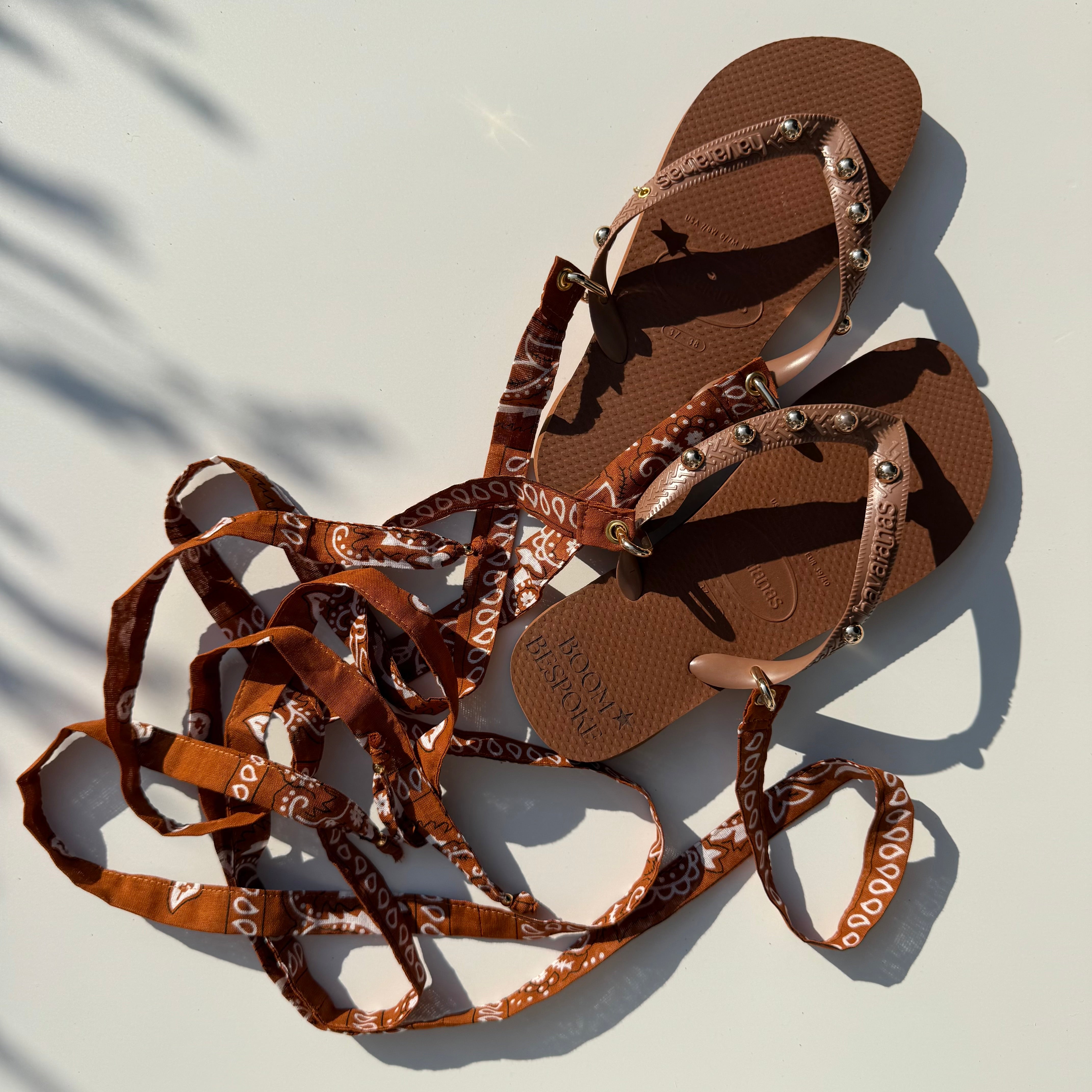 ‘TANNED’ GOLD STUDDED TAN BANDANA HAVAIANAS TOP FLIP FLOPS BY BOOM BESPOKE