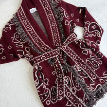Load image into Gallery viewer, PREORDER ‘WINE’ BANDANA KNIT BELTED LONGLINE CARDIGAN
