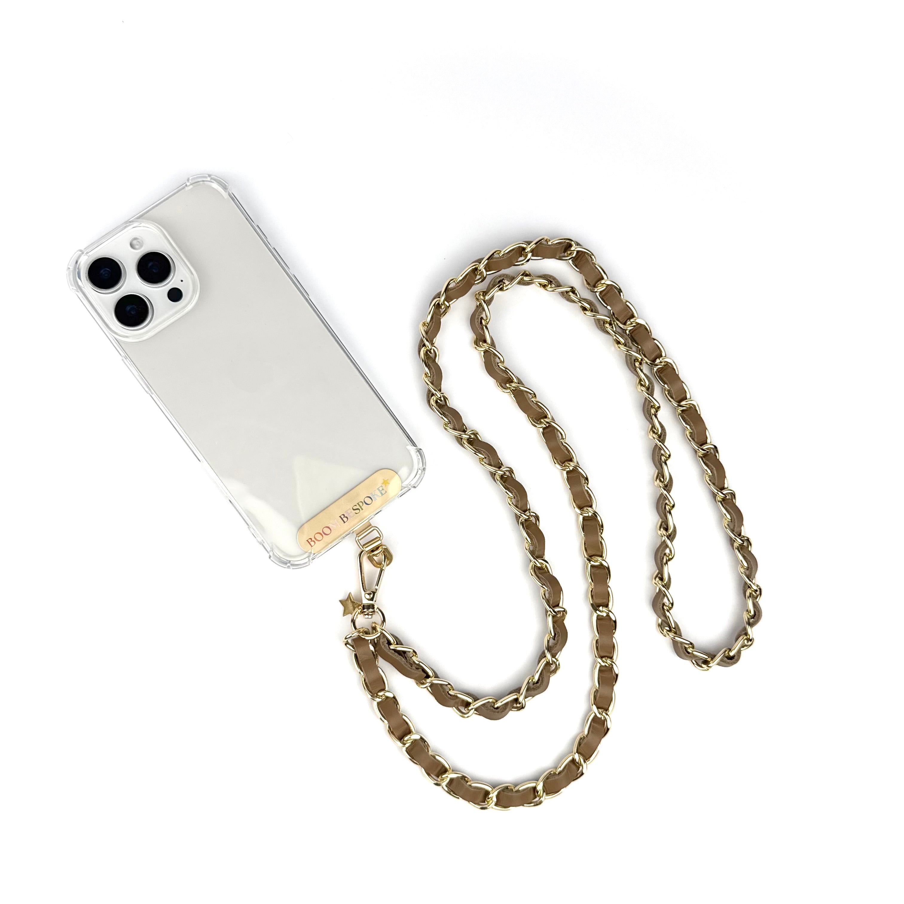 ‘TEA’ TAUPE LEATHER GOLD CHAIN CROSSBODY PHONE STRAP
