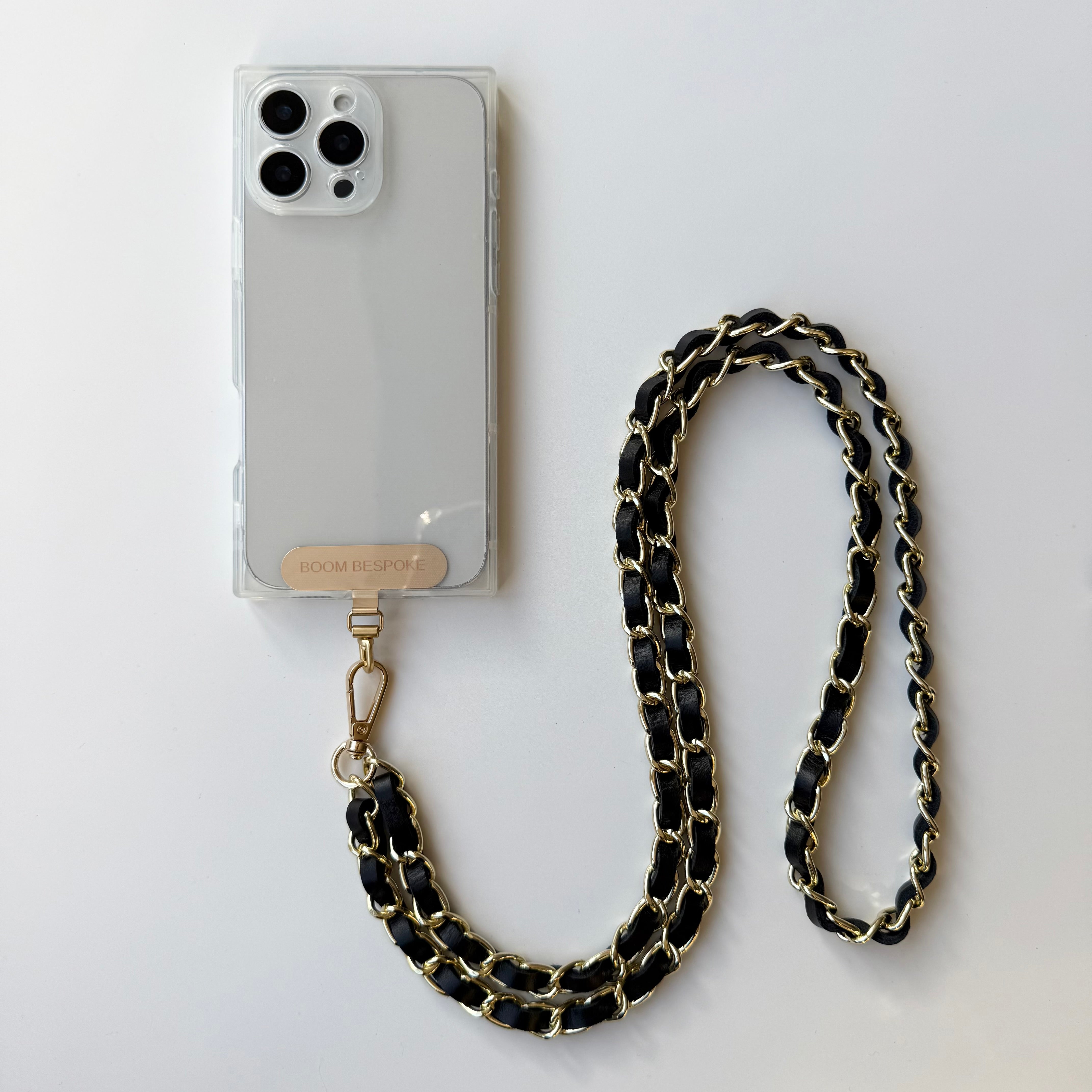 ‘COAL’ BLACK LEATHER GOLD CHAIN CROSSBODY PHONE STRAP