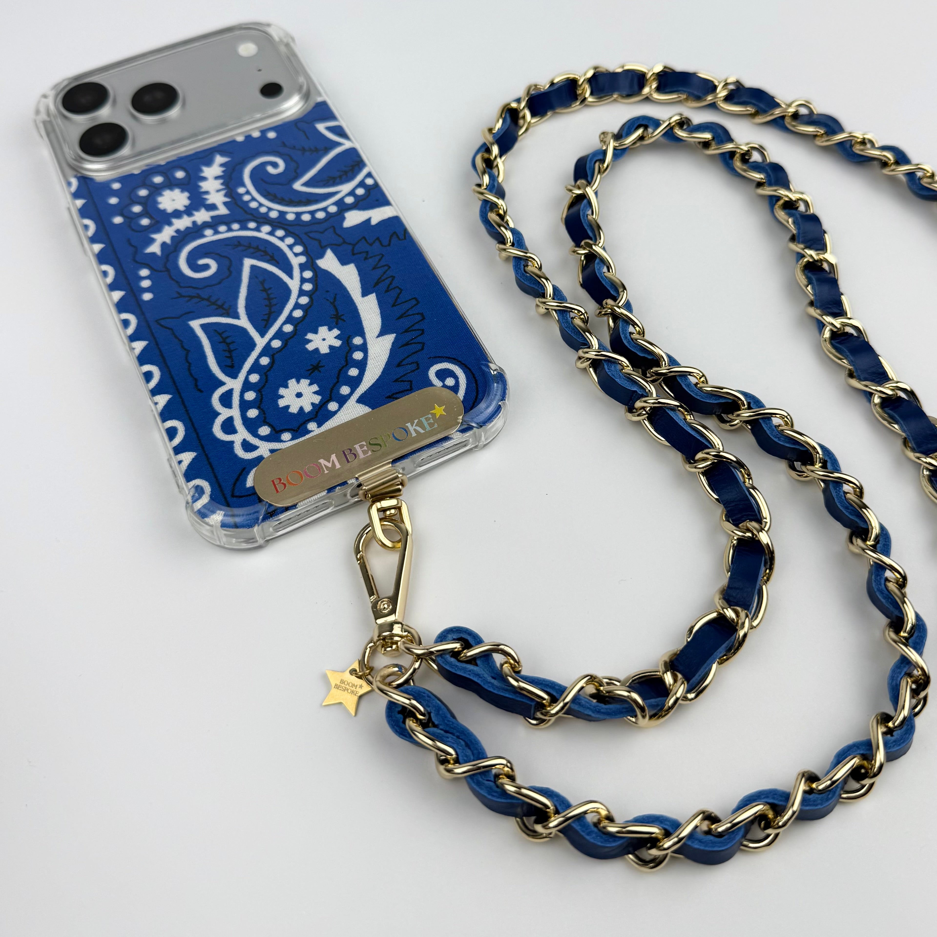 ‘PETROL’ BLUE LEATHER GOLD CHAIN CROSSBODY PHONE STRAP