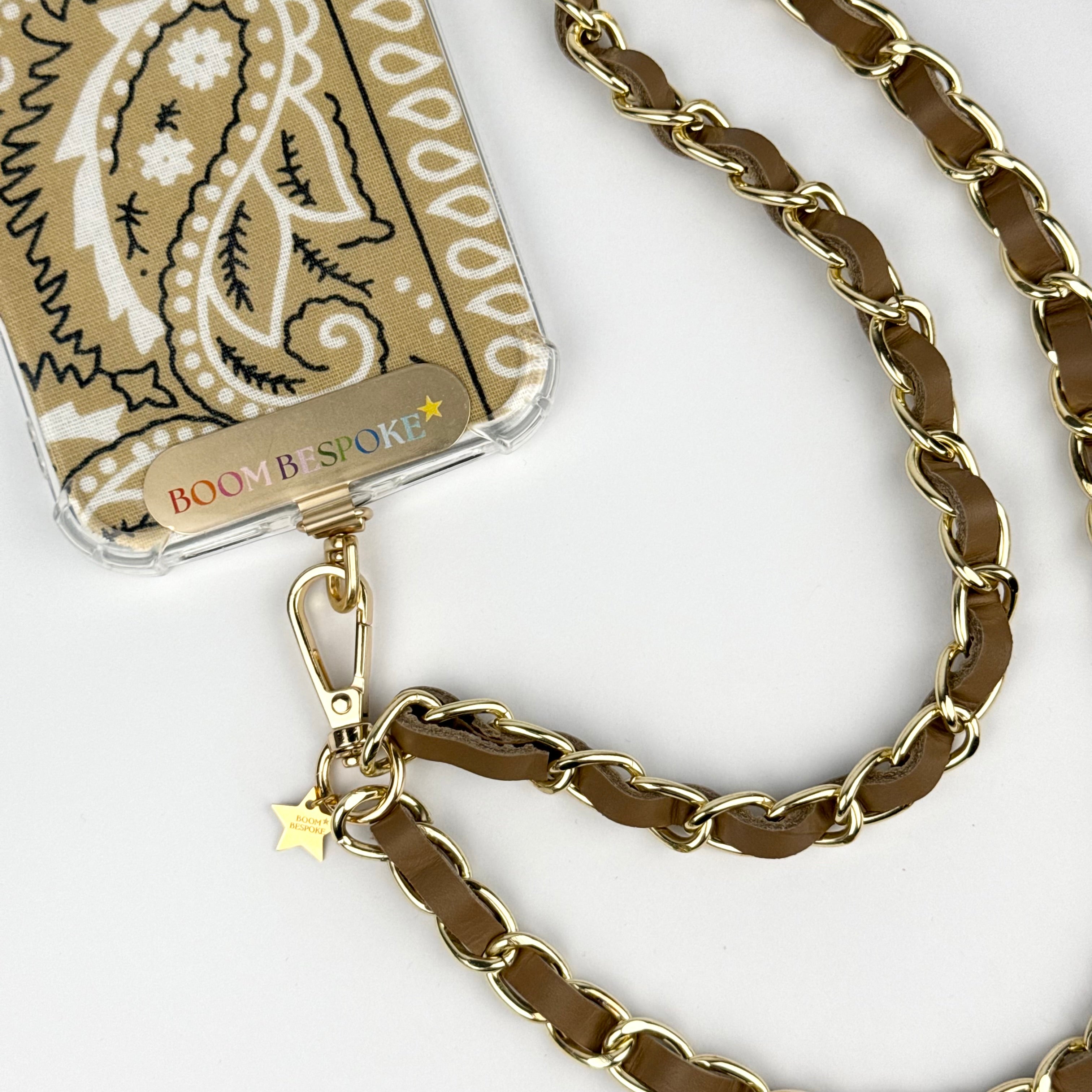‘TEA’ TAUPE LEATHER GOLD CHAIN CROSSBODY PHONE STRAP